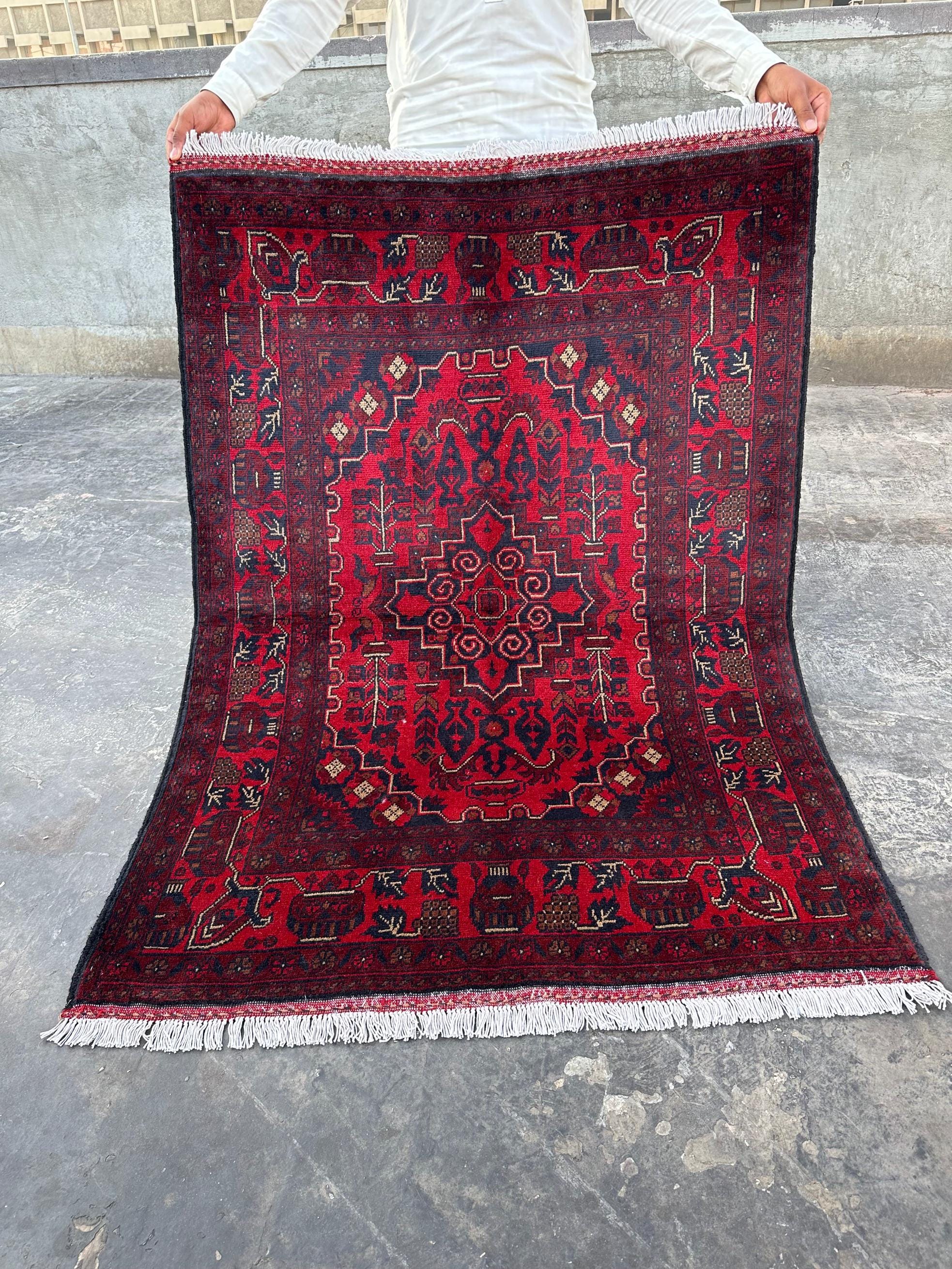 Afghan Turkoman Handmade Wool Rug 3'6x5 ft, Tribal Khamyab Belly Carpet | Geometric High-Quality Area Rug, Bedroom Rug, Bathroom Rug Moss