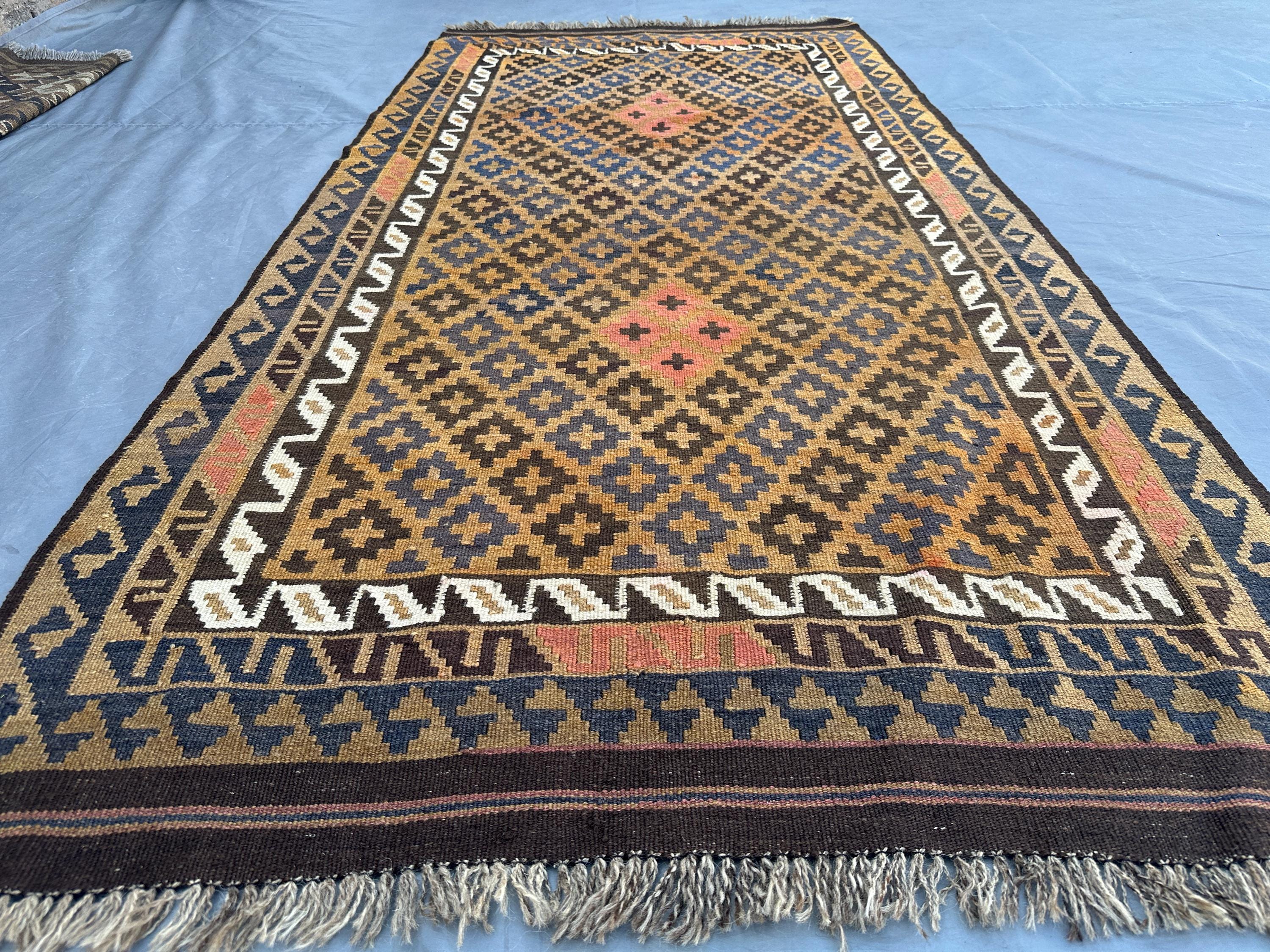 3'7x7'3 Brown Blue Kilim Rug | Handmade Afghan Flat Weave Wool | Tribal Geometric Area Rug | Boho Entryway Living Room Decor, Kitchen Rug