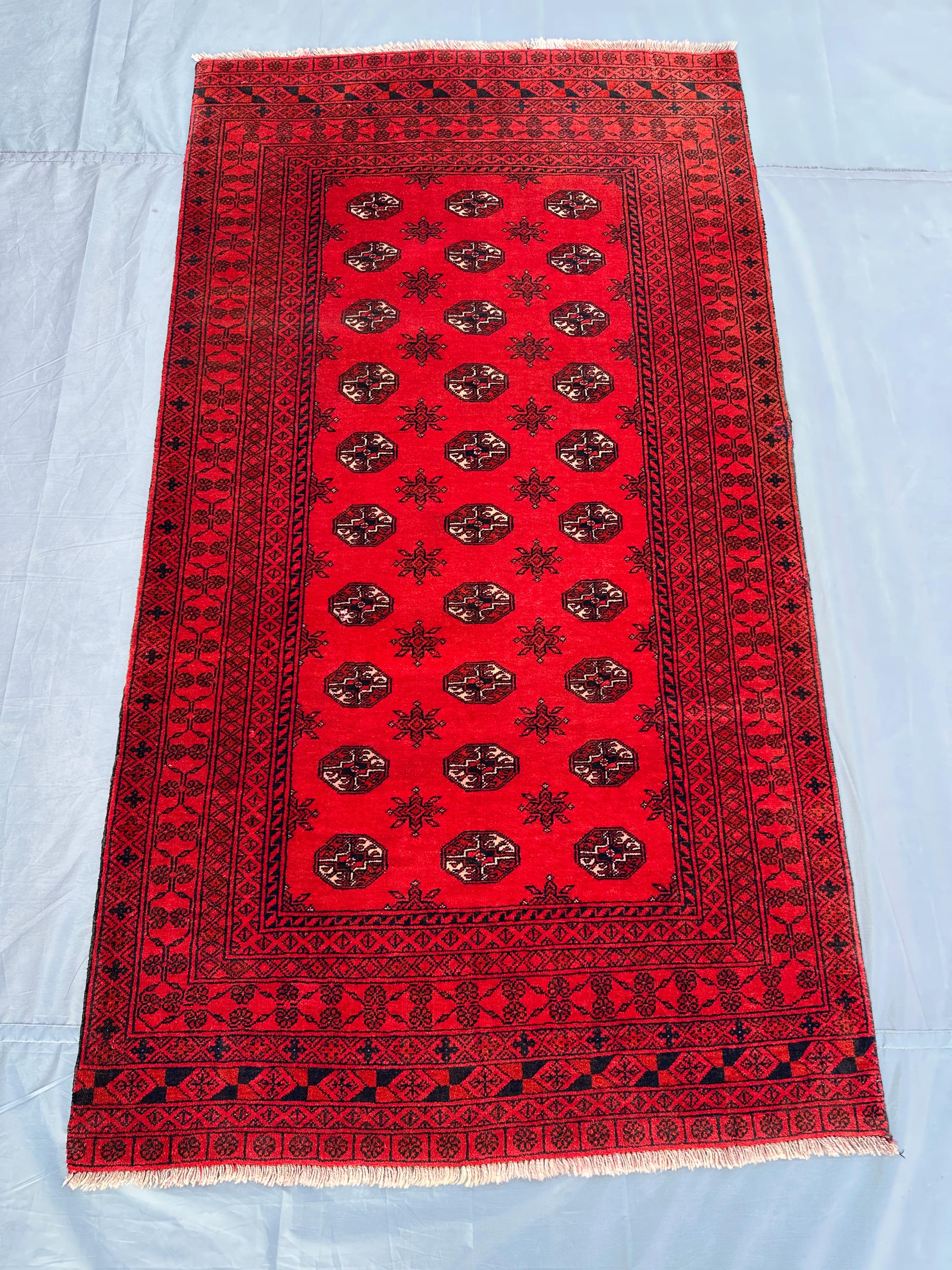 3.4x6.3 ft Vintage Turkoman Afghan Hand Knotted Rug, Mowri Design, Bukhara Rug, Red Tribal Carpet, Geometric Wool Area Rug, Kitchen rug