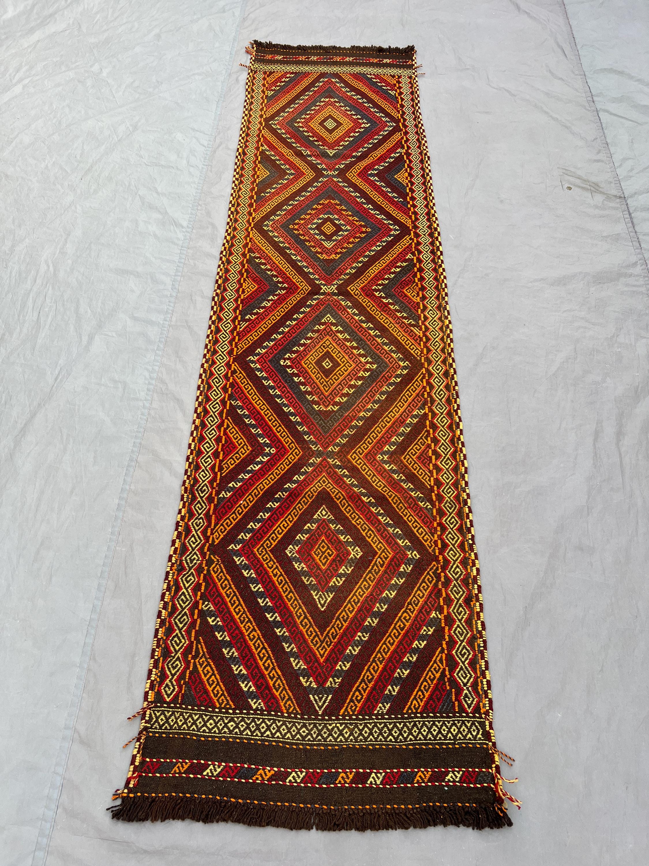 2.4 x 9 ft Afghan hand woven vintage flat weave kilim runner rug one of a kind geometric tribal hallway rug mishwani design
