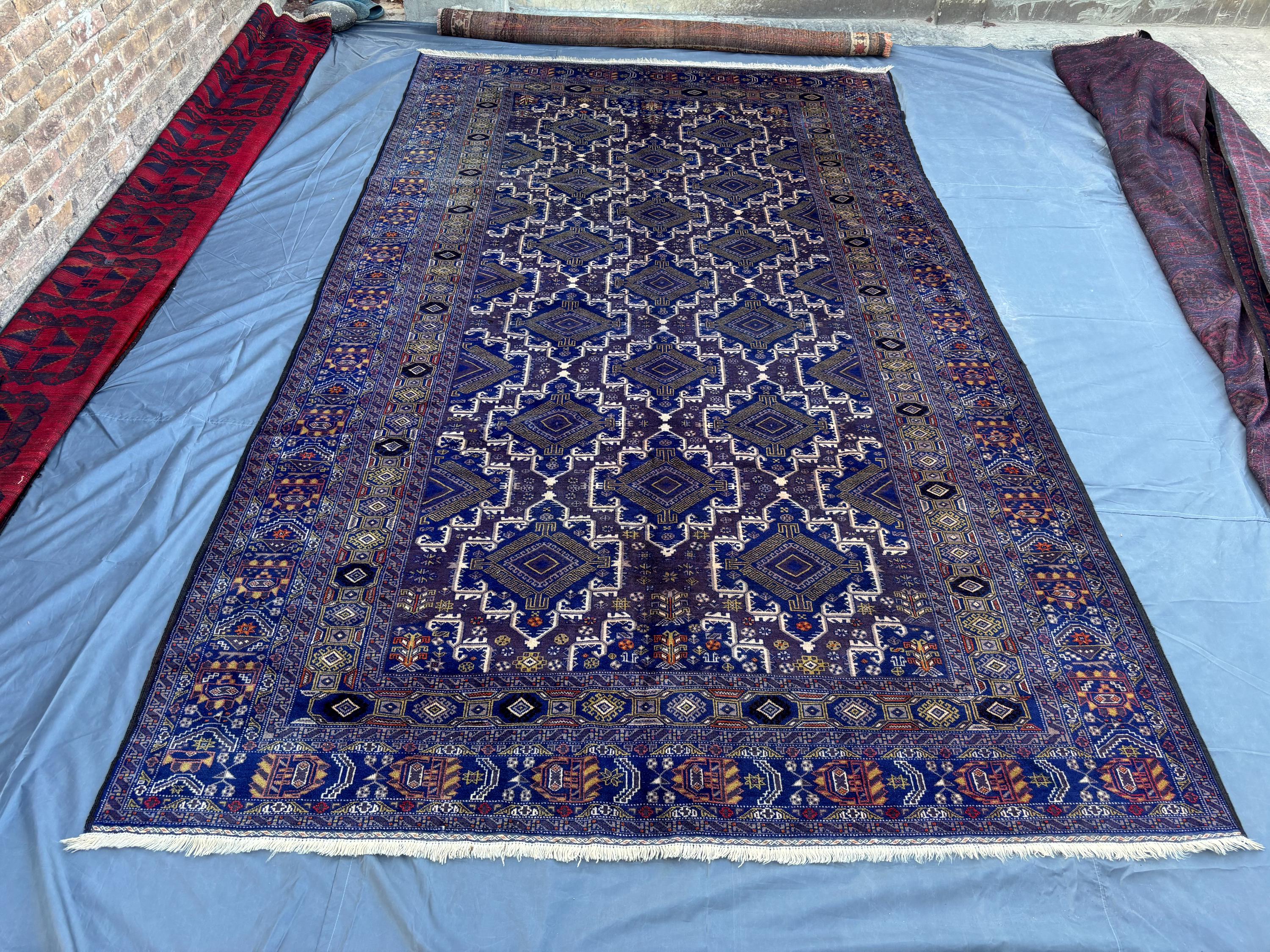 7'6" x 12'7" Ft Vintage Afghan Hand-Knotted Rug | Oversized Baluchi Rug | Navy Blue Geometric Wool Carpet | So