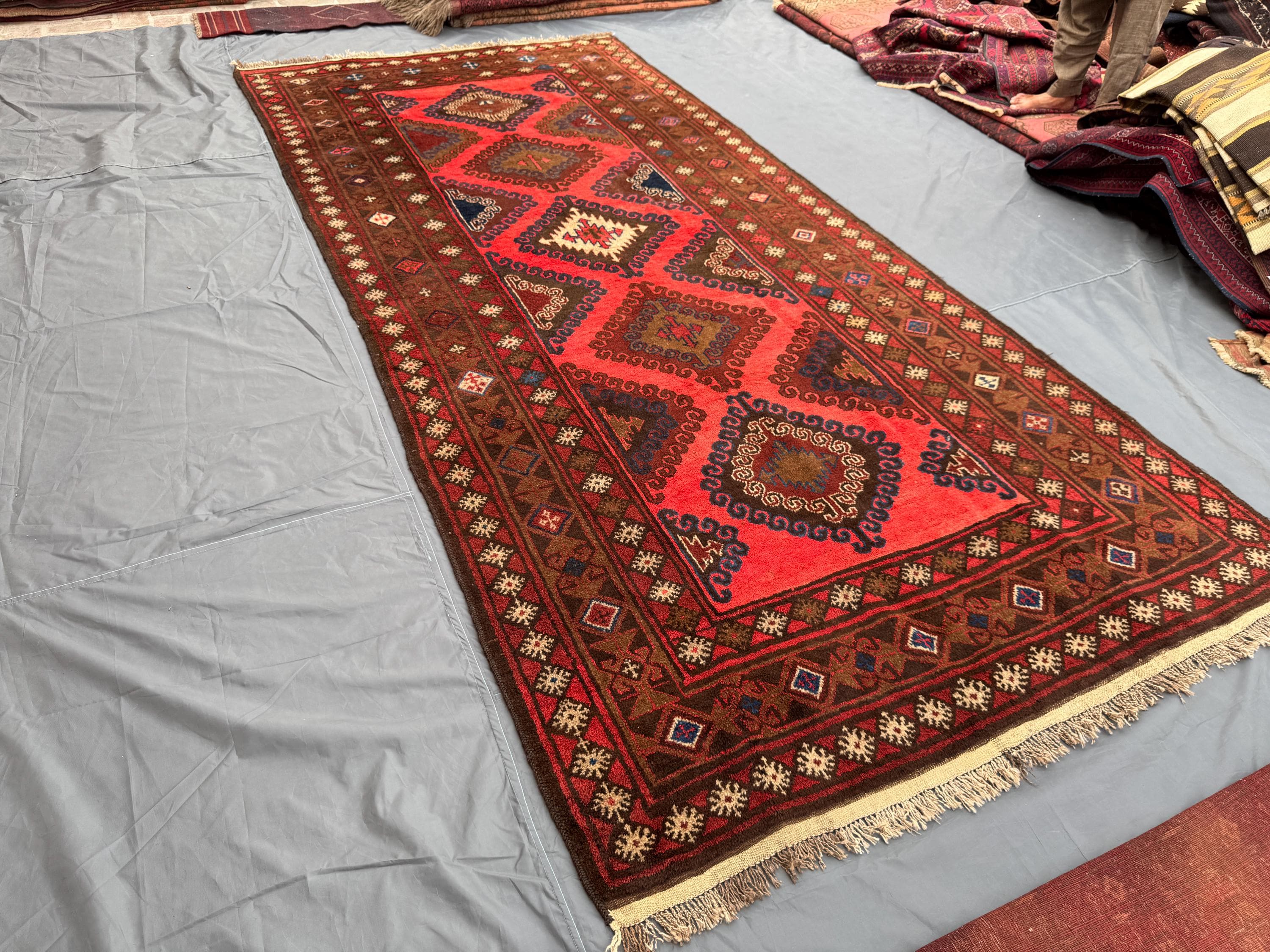 5x12 Vintage Afghan Hand-Knotted Runner, Oriental Baluchi Runner Rug, Tribal Wool Red Brown Rug, Unique Nomadi