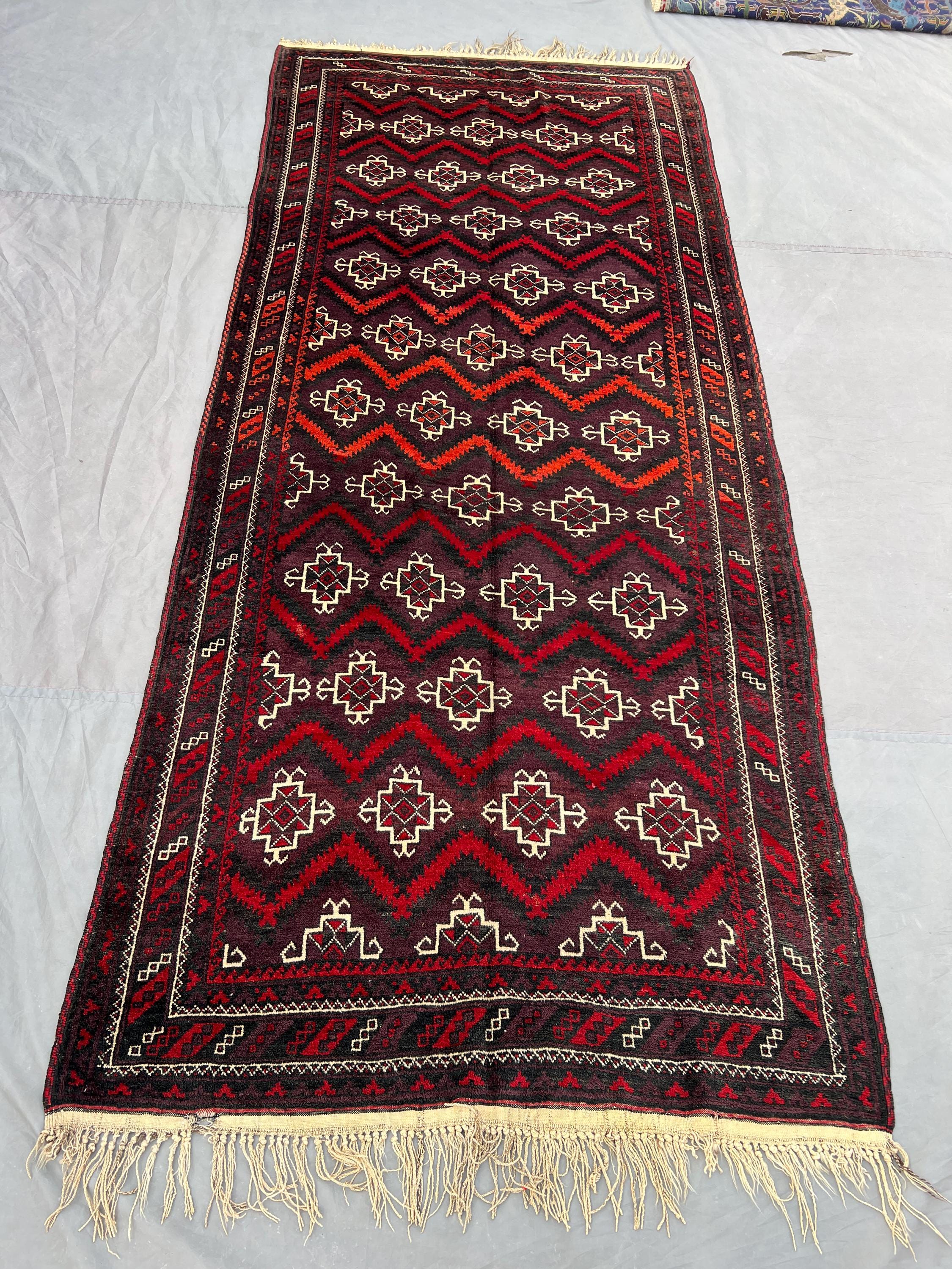 Vintage Afghan Baluchi Runner Rug 4x10, Hand Knotted Red Brown Wool Hallway Carpet, Tribal Geometric Runner, B
