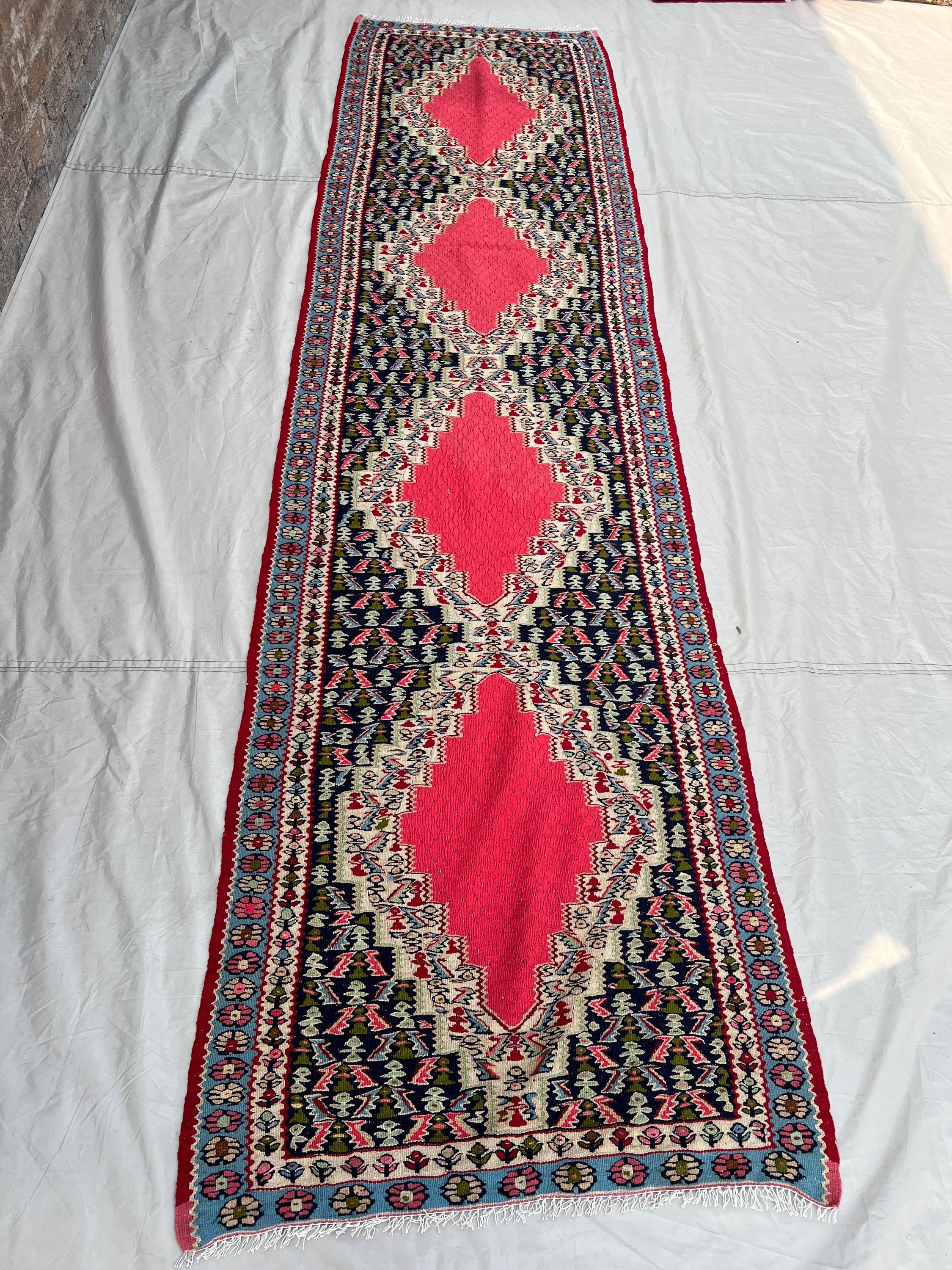 2'9x10'2 Vintage Afghan Senneh Kilim Runner Flatweave | Pink Navy Medallion Chain | Handwoven Wool Rug for Hal