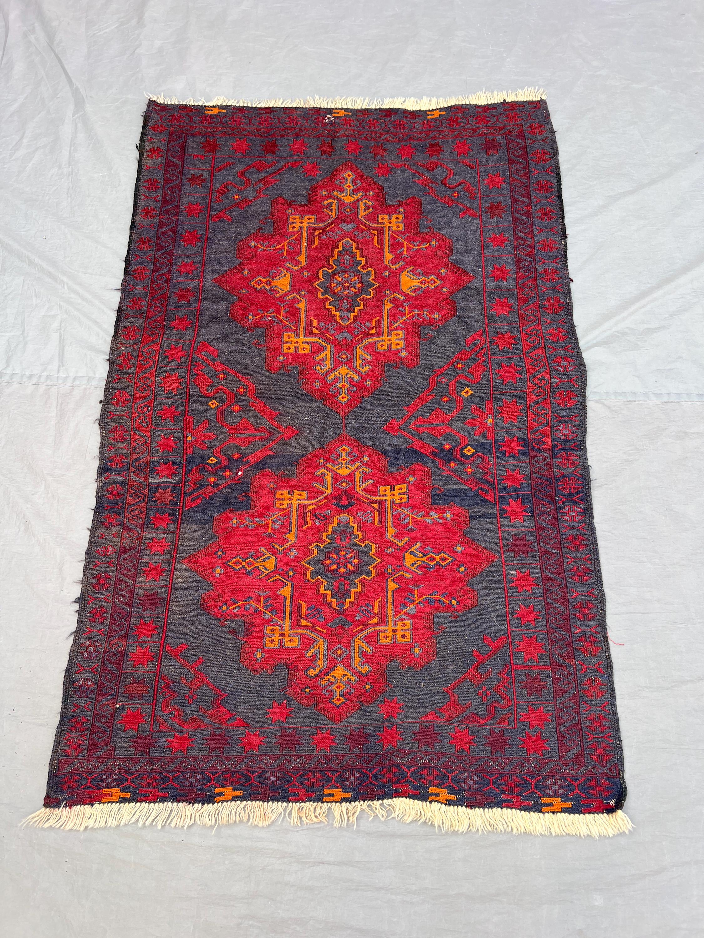 3x4'9 ft Vintage Afghan Pile Rug | Handknotted Tribal Double Star Medallion | Vivid Red & Charcoal Grey Wool | Accent Rug Bedside Entryway