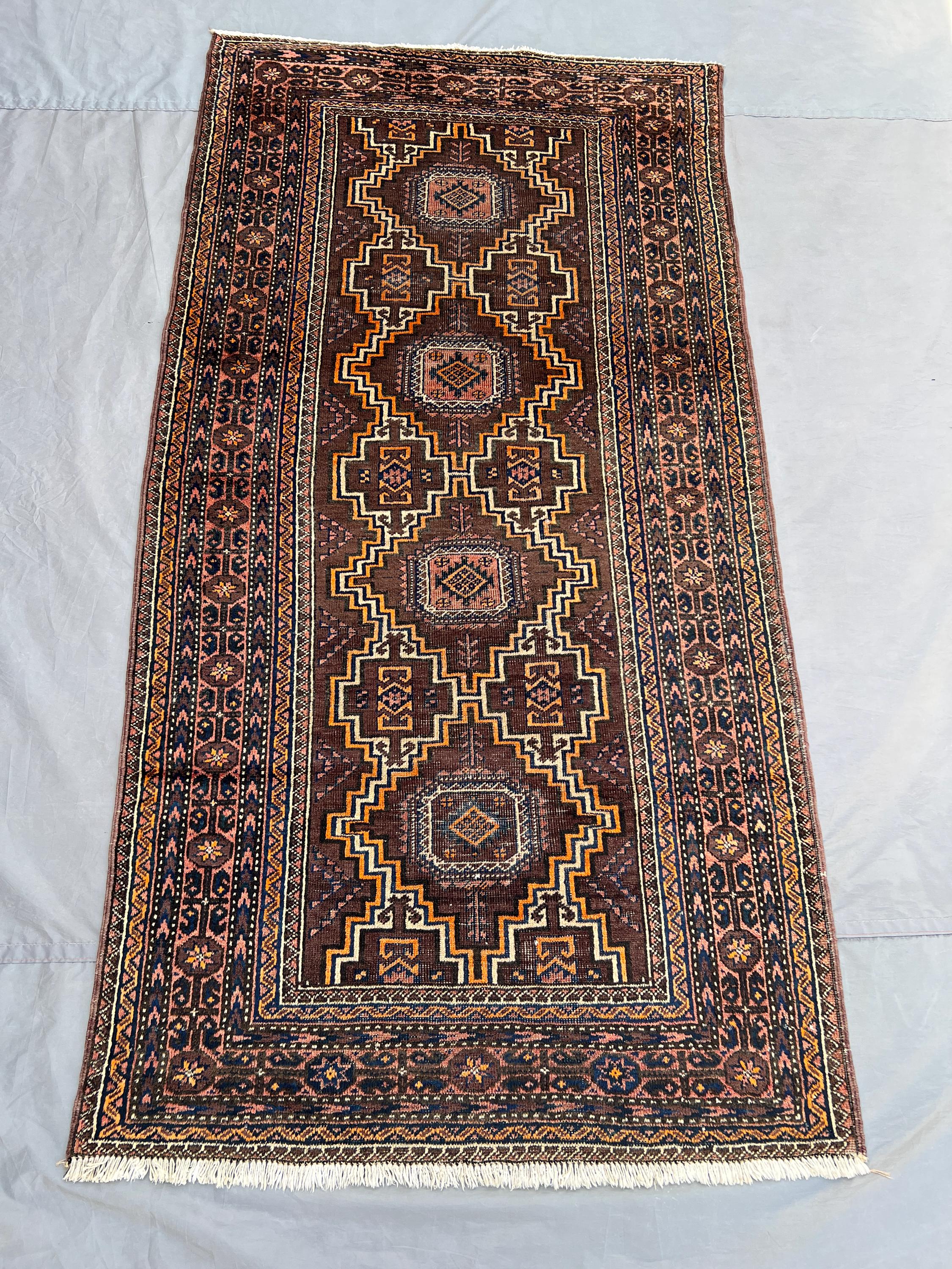 3x6 Antique Afghan Baluchi Rug | 1960s Tribal Wool Runner | Geometric Hand Knotted Carpet | Rare Nomadic Entry