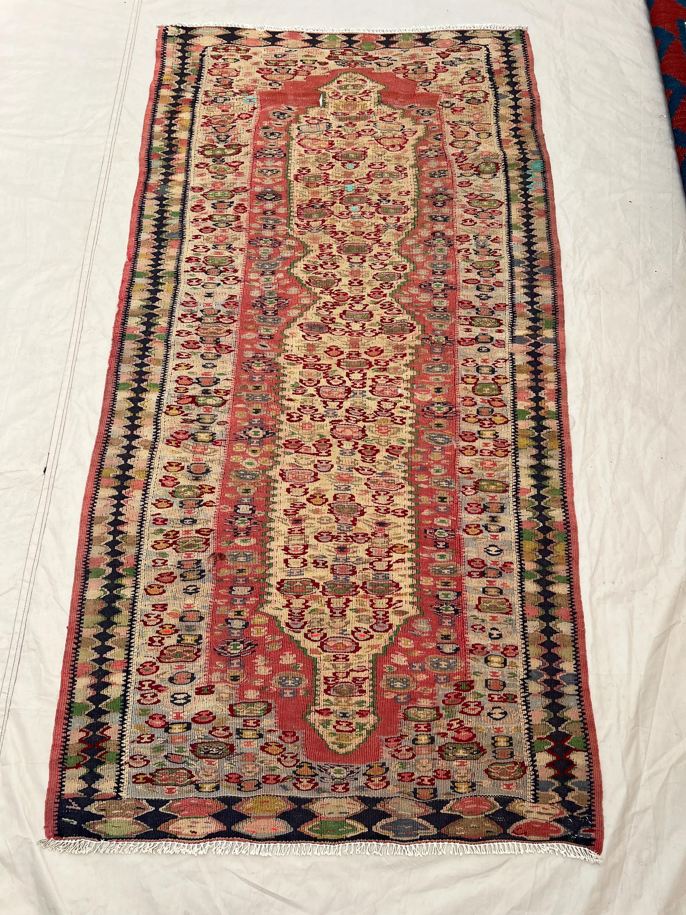 2'11x5'10 Antique Afghan Senneh Kilim Flatweave | Rose Red Ivory Elongated Diamond Medallion Handwoven Wool Rug Living Room Bedroom Entryway