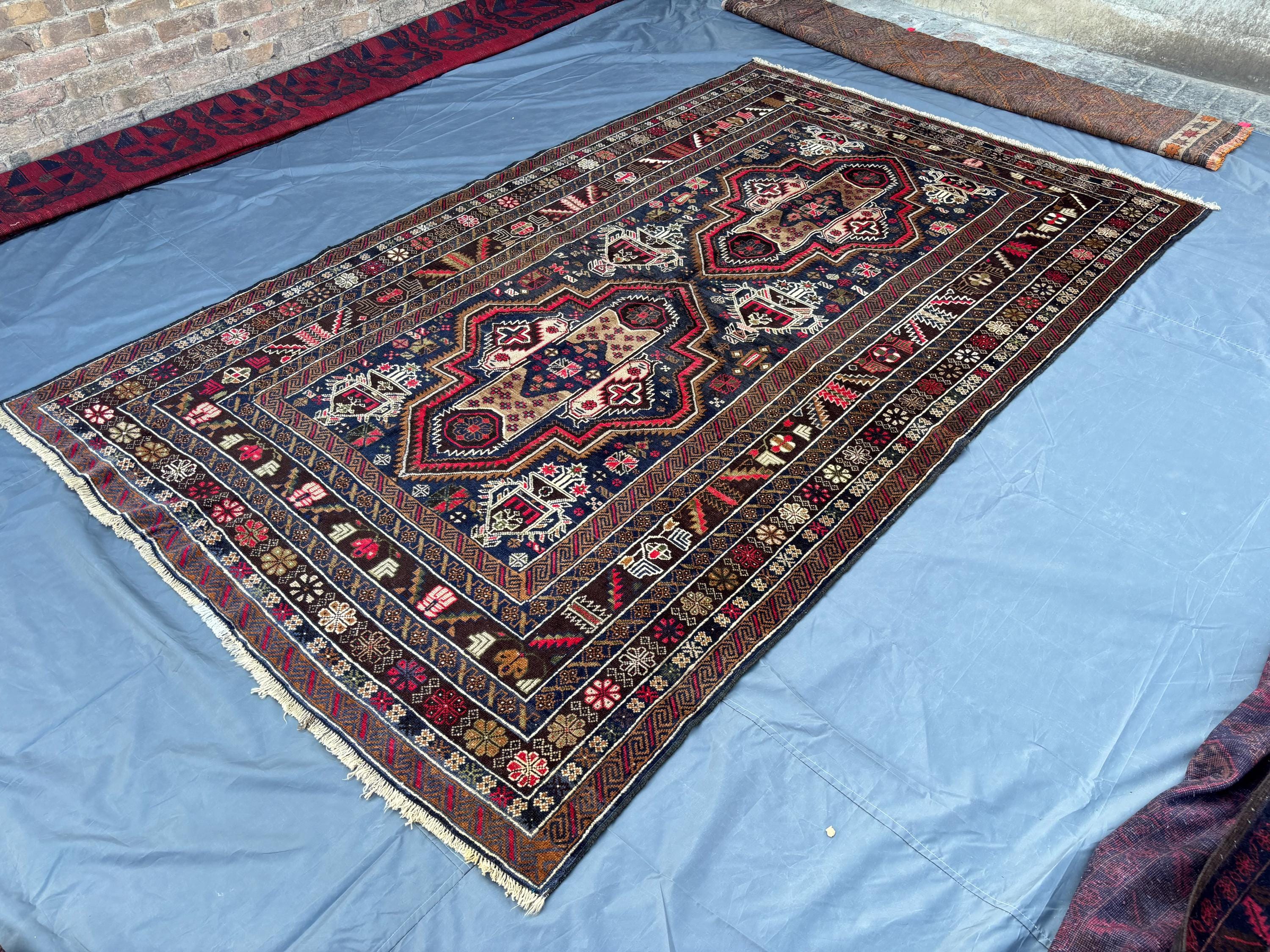 6x10 ft Vintage Afghan Hand-Knotted Baluchi Rug, Tribal Wool Soft Pile Carpet, Geometric Medallion Oriental Ar