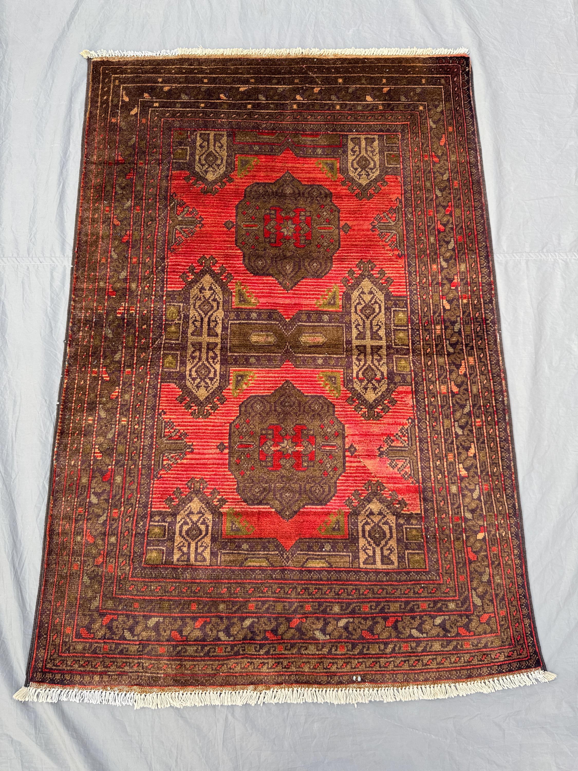 3 x 5 ft Afghan Hand Knotted Vintage Soft Pile One of a Kind Small Area Rug - Turkoman Bokhara Design | Living room & Bedroom decor