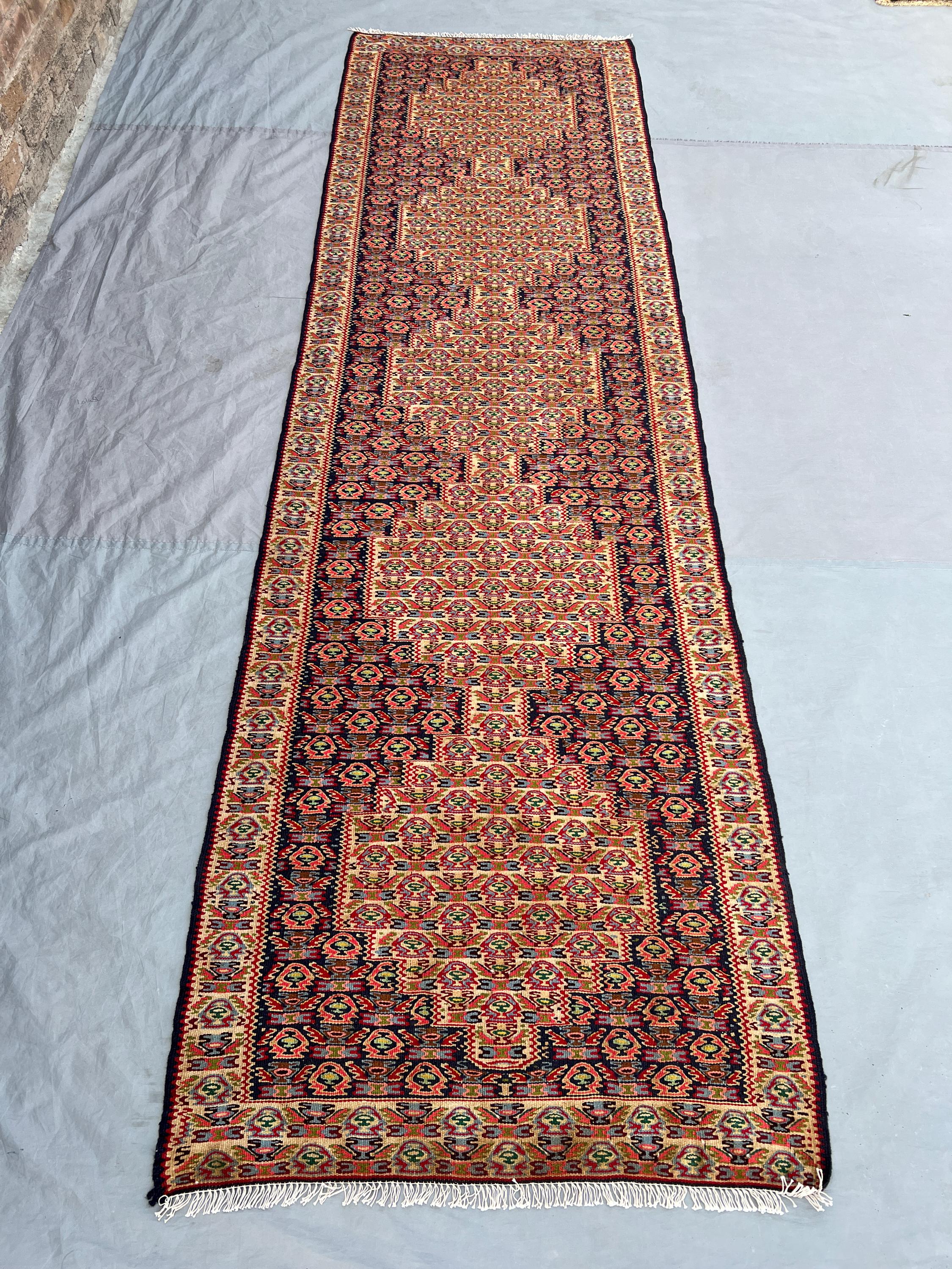 2'10x9'9 Vintage Afghan Flat Woven Wool Kilim Runner Navy Dense All Over Multicolor Geometric Tribal Boteh Boho Hallway Staircase Carpet