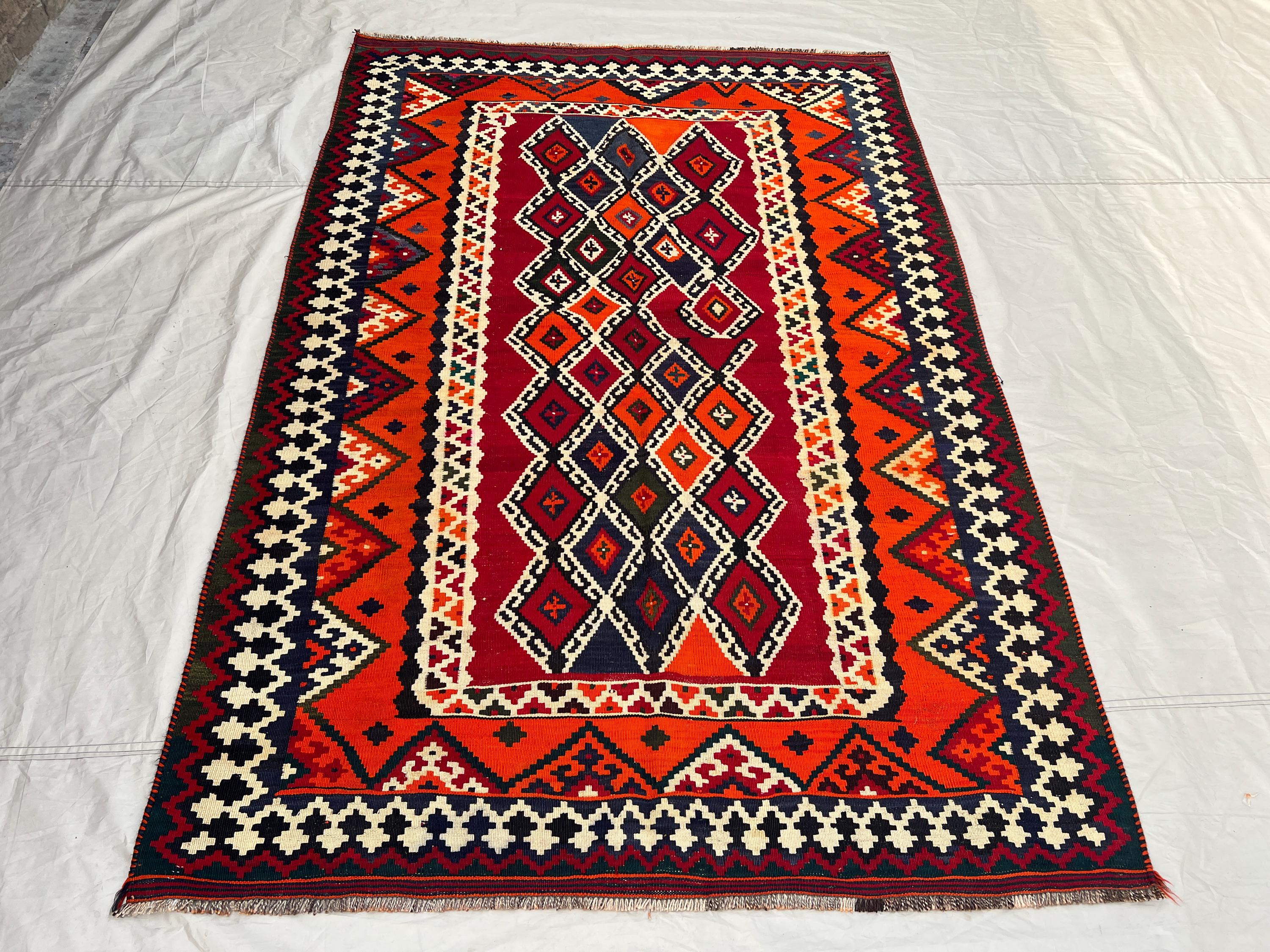 4'7x7'9 ft Vintage Afghan Kilim Rug | Handwoven Tribal Diamond Chain | Crimson Red & Fiery Orange Flatweave | Area Rug Living Room Bedroom