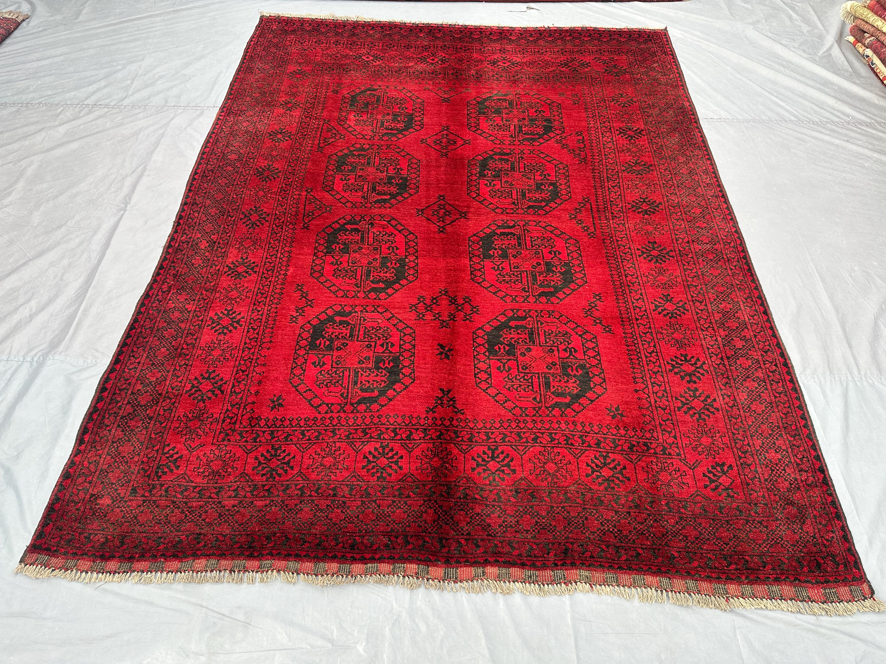 7'6x9'10 ft, Antique Afghan Bokhara Rug | Turkmen Red Geometric Pattern Wool Rug | Handmade Vintage Carpet, Mo