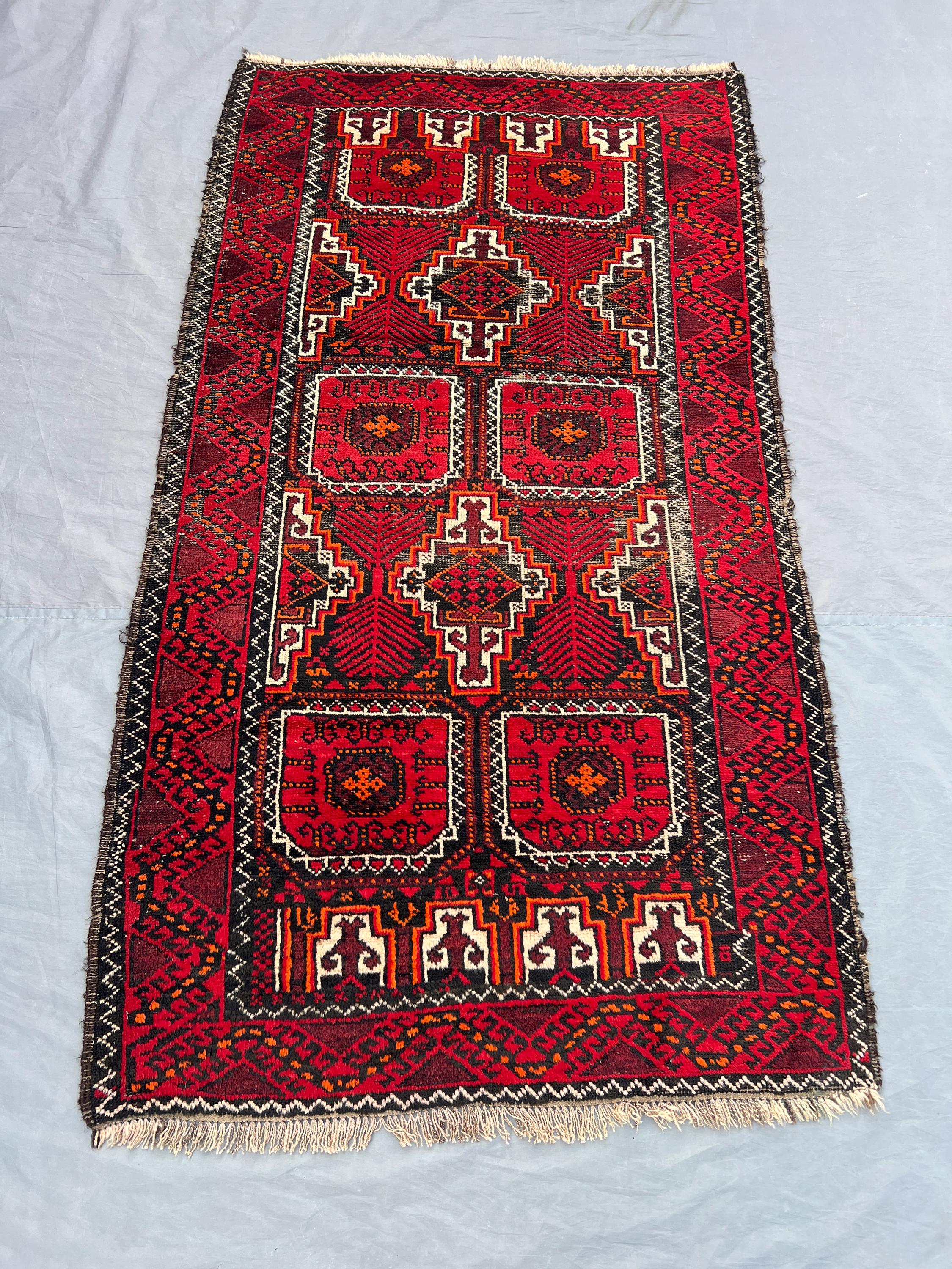 3'4 x 5'11 ft Antique Afghan Hand Knotted Rug Red Geometric Tribal Carpet Unique Oriental Vintage Wool Area Rug Kitchen Rug, Bedroom Rug
