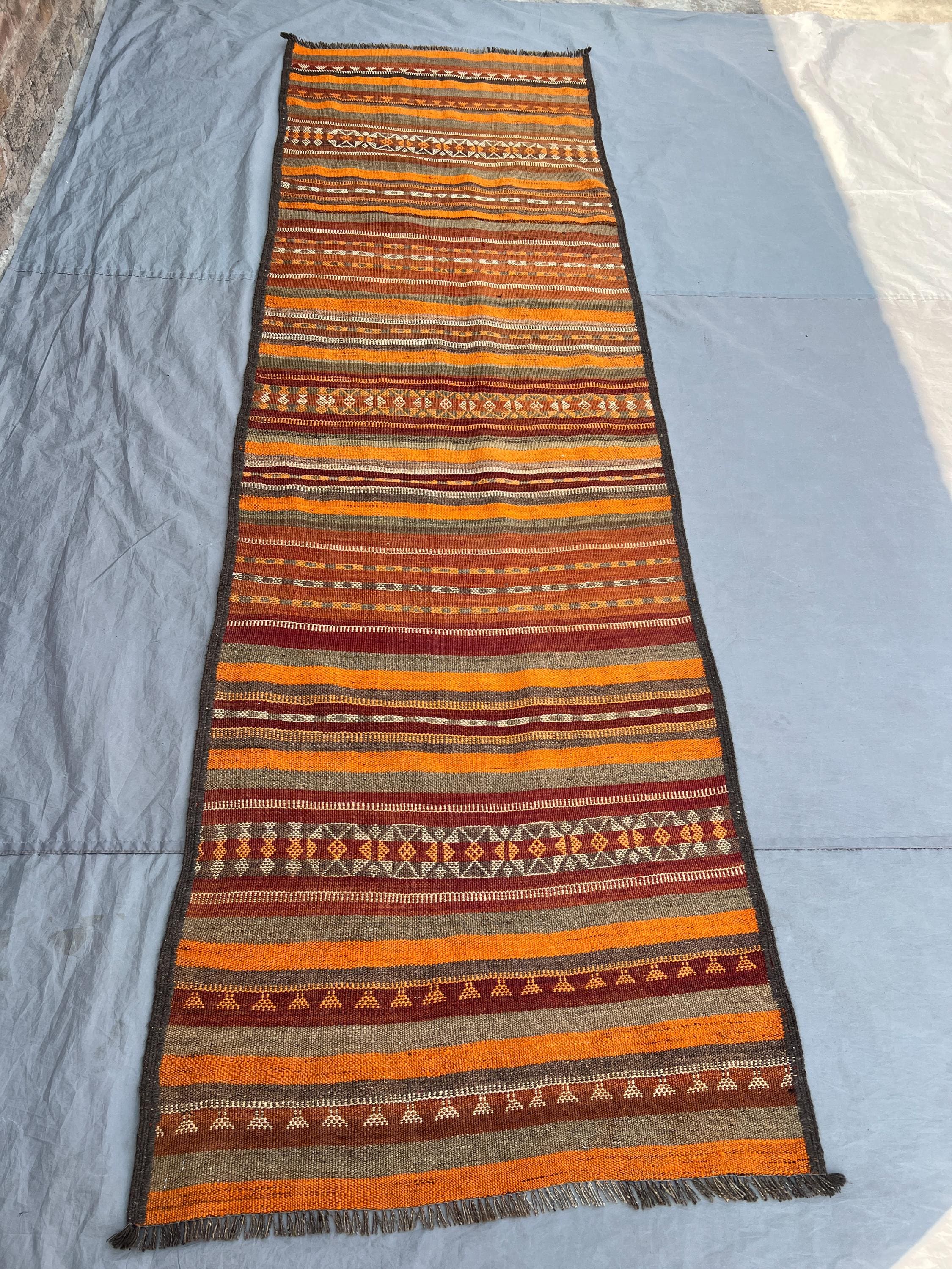 3x10 ft Antique Afghan Kilim Rug - Handwoven Flatweave, Warm Earth Tones & Geometric Design - Vintage Runner f
