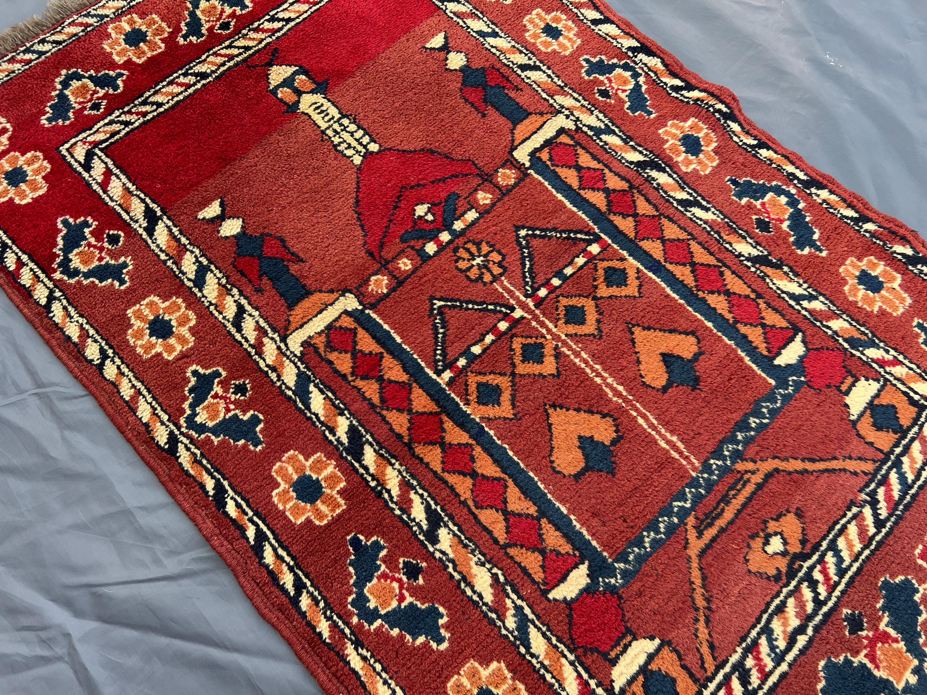 Turkmen Prayer Rug 3x4 | Hand Knotted Wool Afghan Accent | Red Islamic Mihrab Mat | Boho Small Decor Rug | Vin