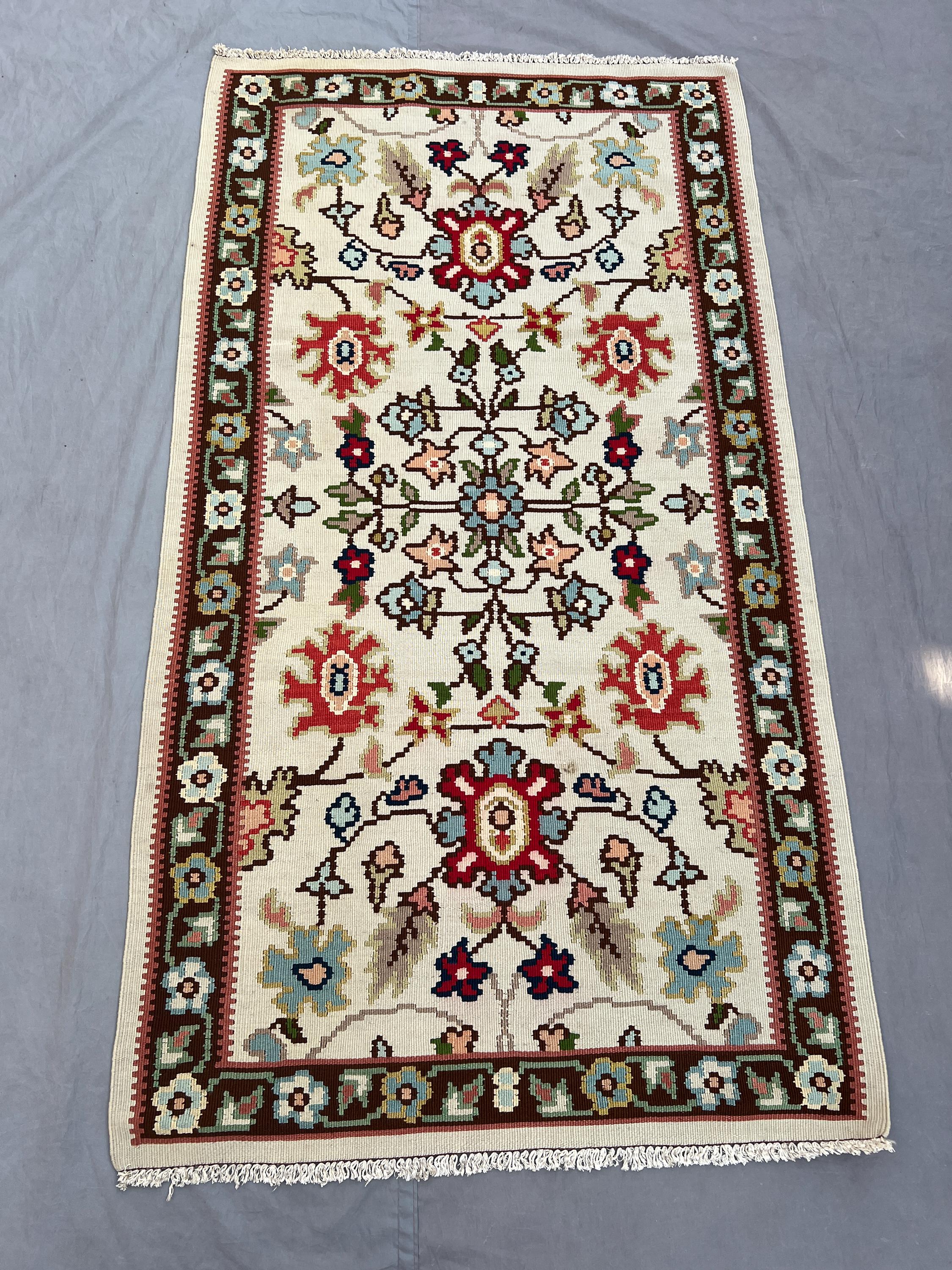 Afghan vintage flat weave kilim 3 x 6 ft handwoven one-of-a-kind floral Maimana design small area decor carpet
