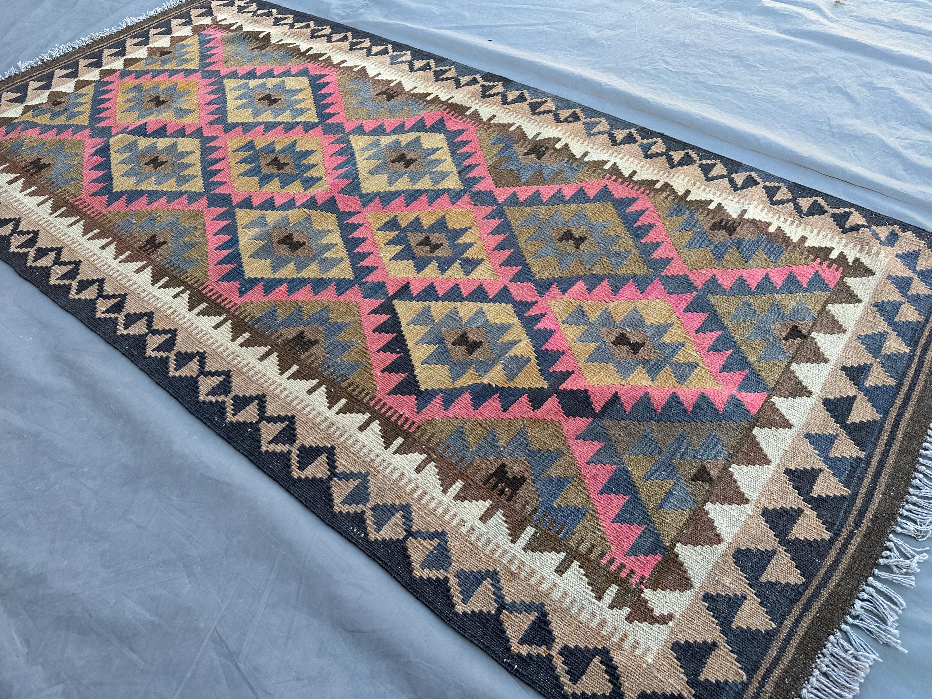 3'3x6'7 ft Antique Afghan Kilim Rug | Handmade Turkmen Flat Weave | Geometric Wool Area Rug | Faded Bohemian K