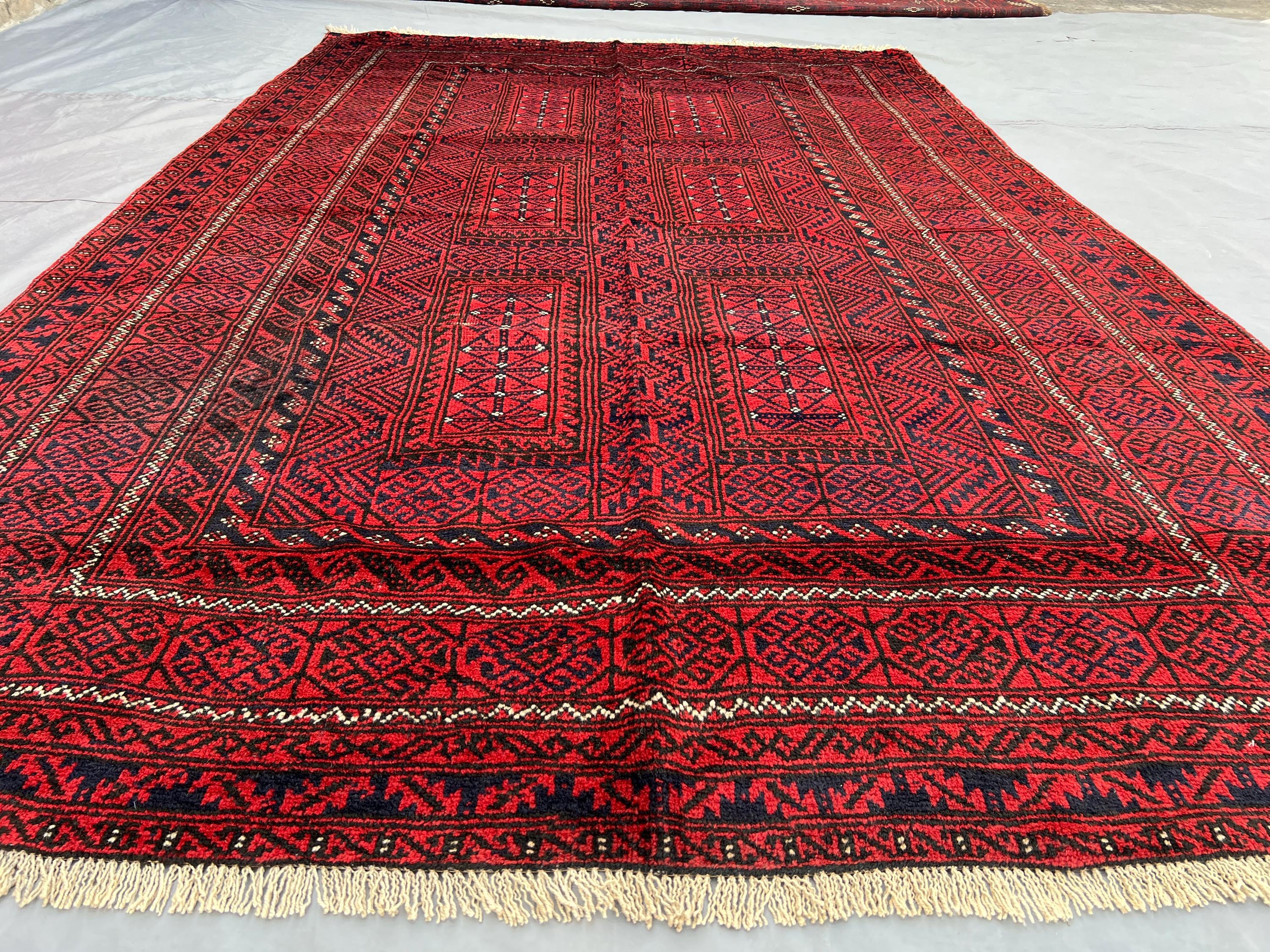 6x9'4" Antique Afghan Baluch Tribal Rug | Turkmen Bukhara Pattern | Geometric Wool Area Rug | Vintage Carpet | Living Room or Outdoor Rug