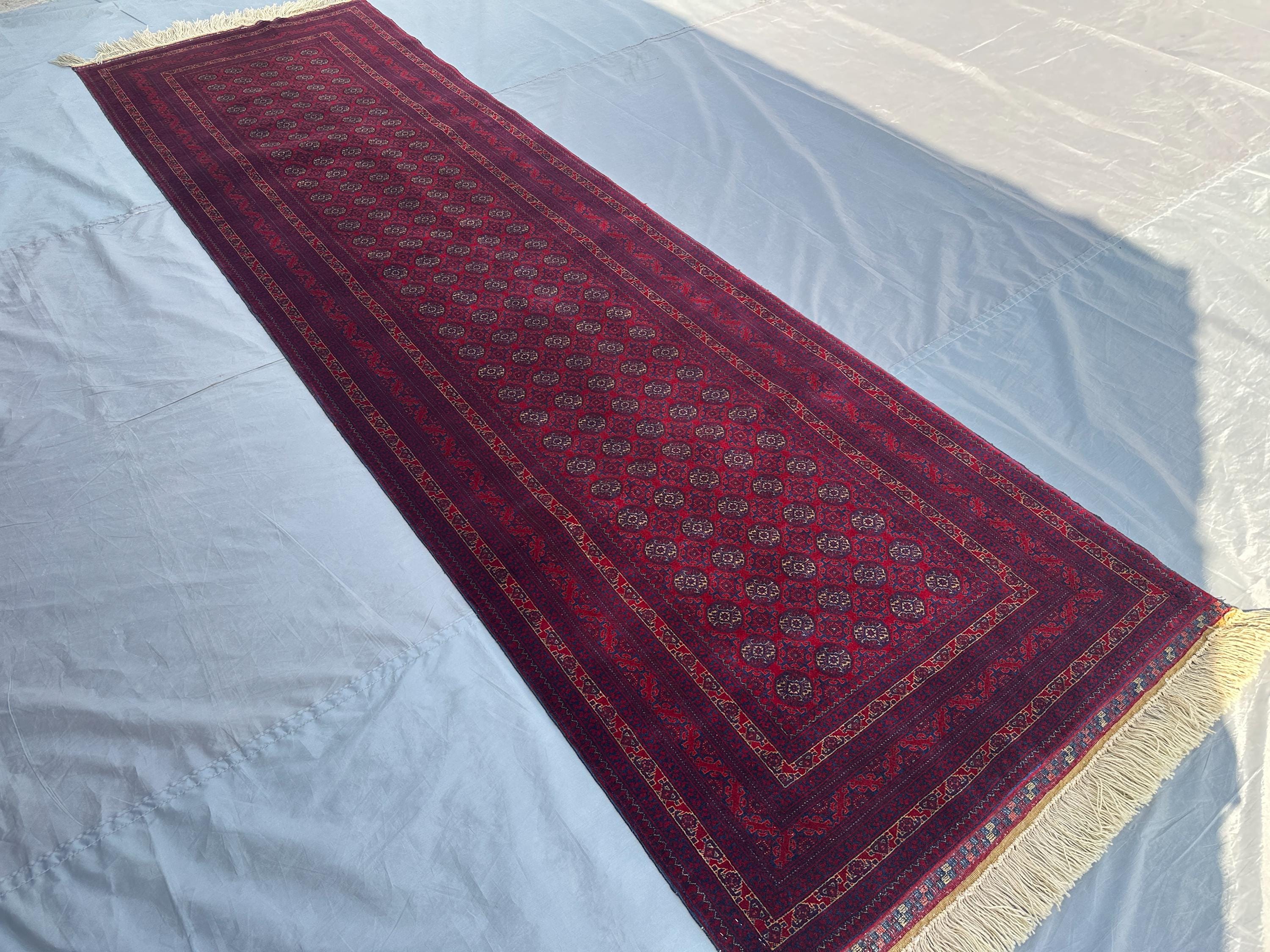 Afghan Hand-Knotted Runner rug, 3x10 Tribal Turkmen Bukhara Rug | Beljik Wool Hallway Carpet High-Quality Vintage Style Runner, Enterway rug
