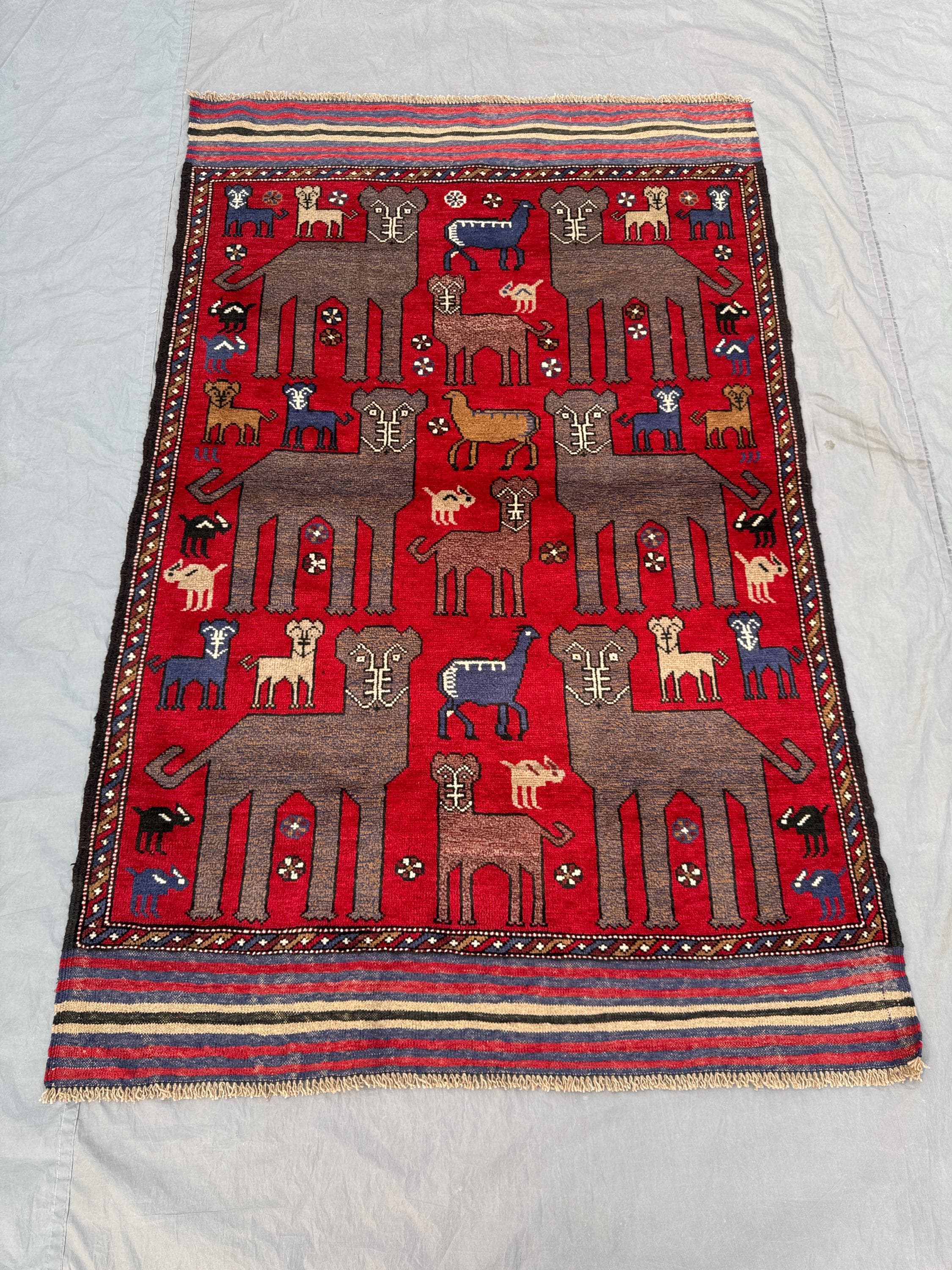 4 x 6 ft Red Afghan Hand Knotted Rug Vintage Pictorial Wool Rug with Animal Motifs One of a Kind Soft Pile Luxury Home Decor