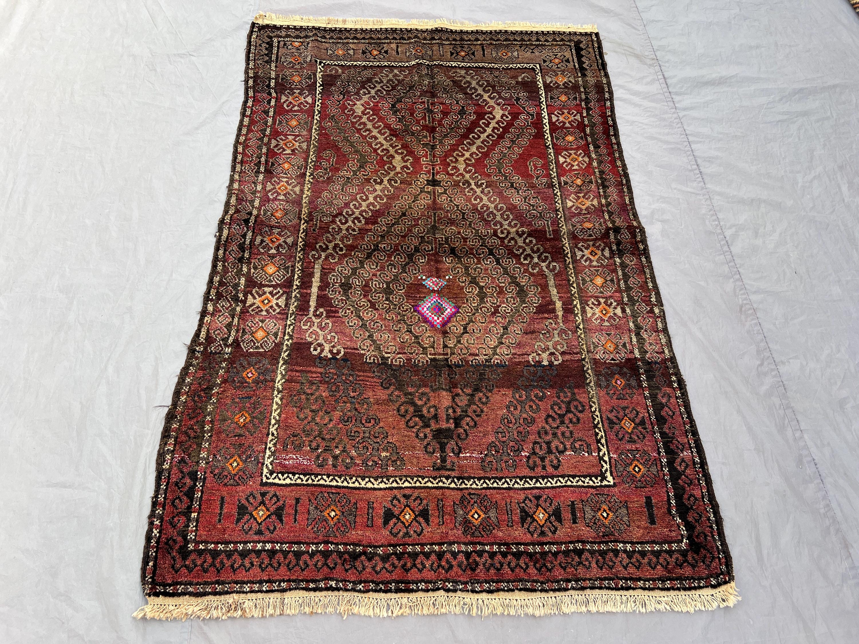 4'1 x 6'6 ft Antique Afghan Hand-Knotted Baluchi Rug, Low Pile Tribal Wool Carpet, Vintage Geometric Brown Red Rare Rug, Bedroom Decor