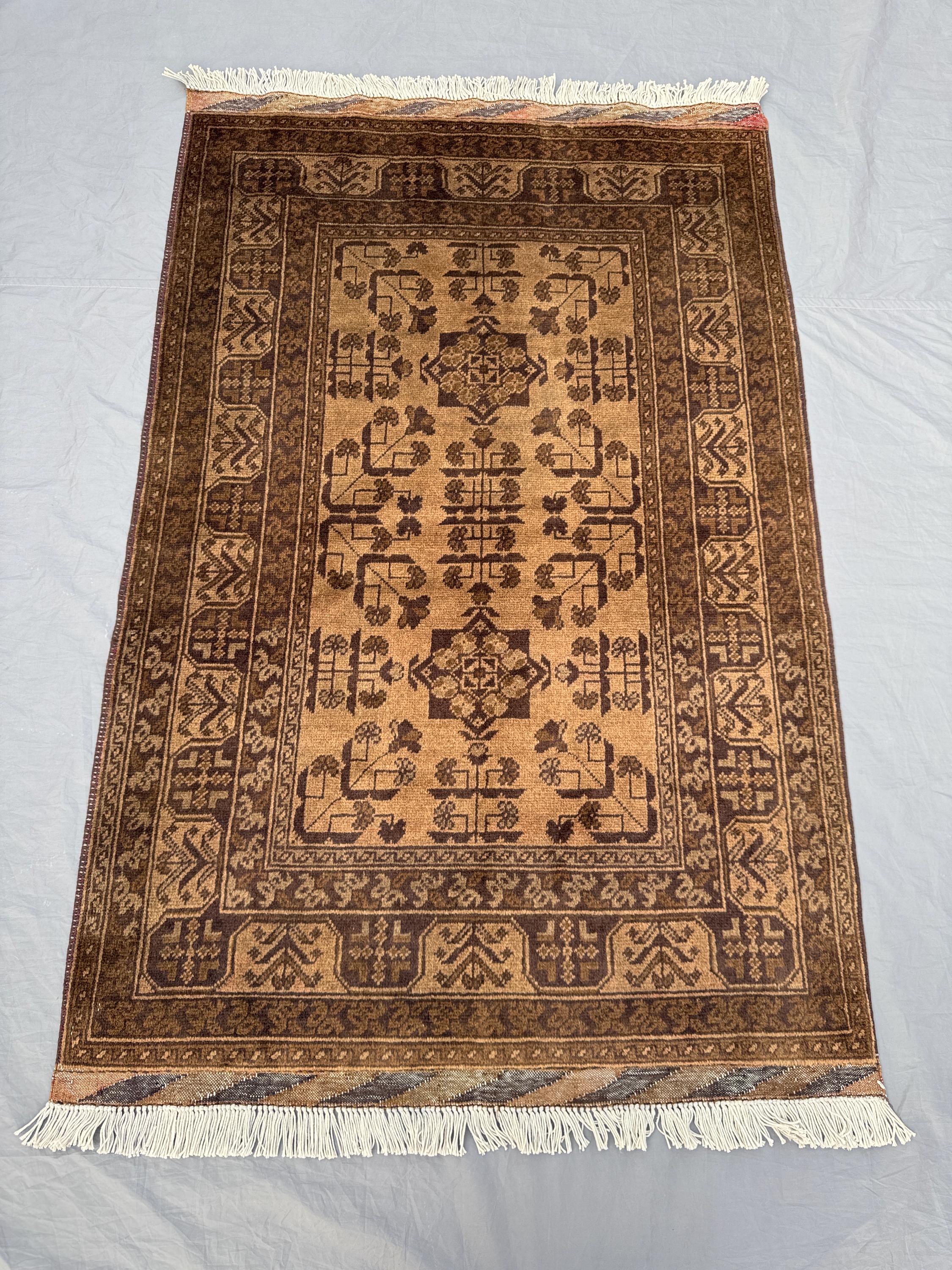 3 x 5 ft Afghan Hand Knotted Vintage Soft Pile Rug, Unique Terracotta Color Faded Turkoman Bokhara Design | Living Room & Bedroom decor