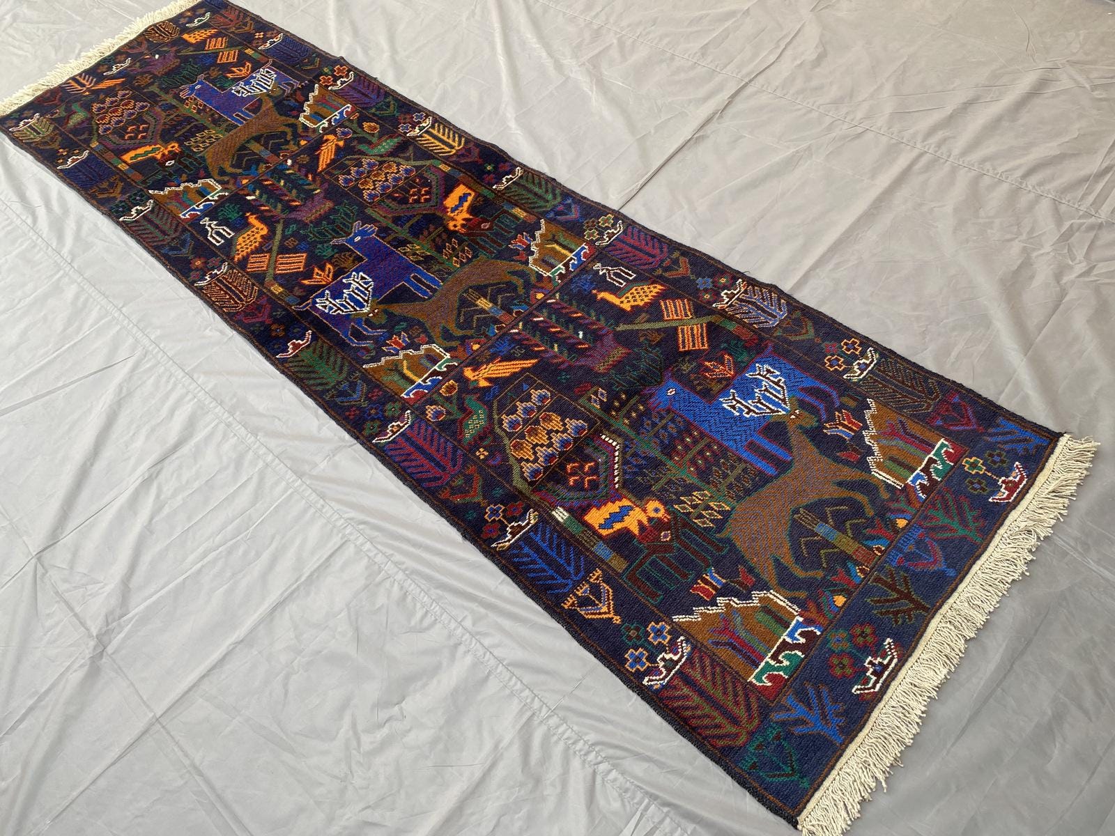 2'8x8'11 ft Afghan Baluch Vintage Pictorial Runner Rug, Tribal Animal Hunting Rug, Handmade Horse Riding Hallway Rug, Wool Area Carpet