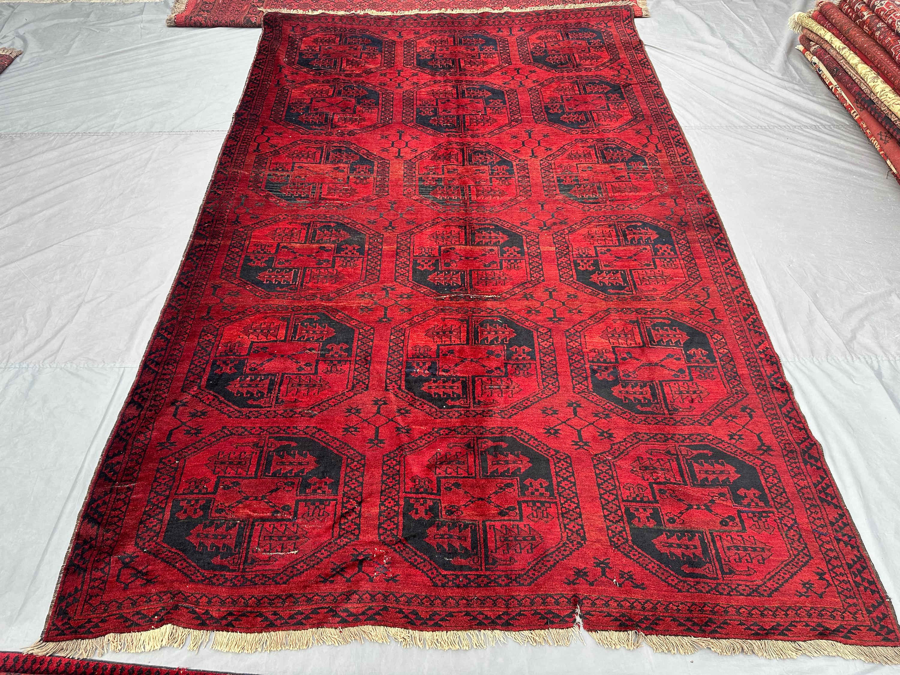 7'6x11'9" Semi-Antique Turkmen Bukhara Rug | Hand-Knotted 1900s Wool Rug | Geometric Elephant Foot Design | Ou