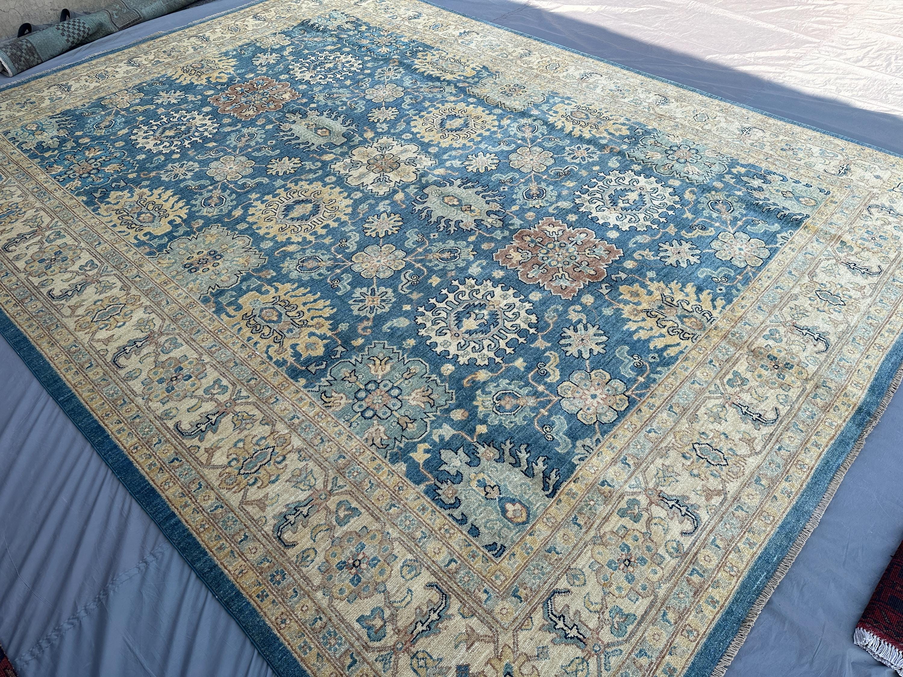 9x12 Afghan Hand Knotted Oushak Rug, Modern Luxury Wool Large Area Rug, Floral Design, Blue Ivory Beige Carpet Living Room Decor, 277x373 cm