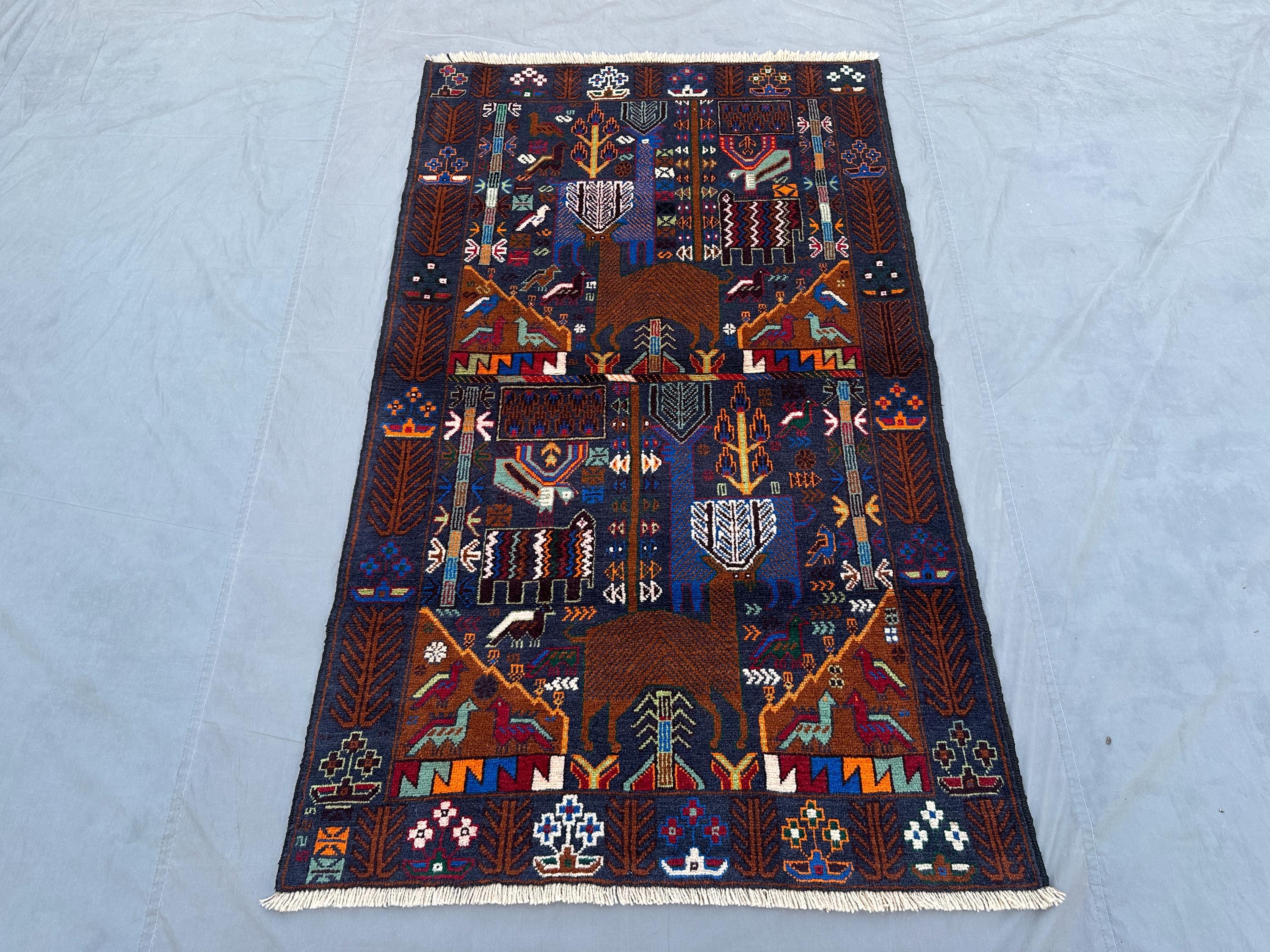 3'10x6'5 ft, Vintage Afghan Baluchi Rug | Tribal Handmade Pictorial Animal Hunting Rug | Geometric Pattern Woo