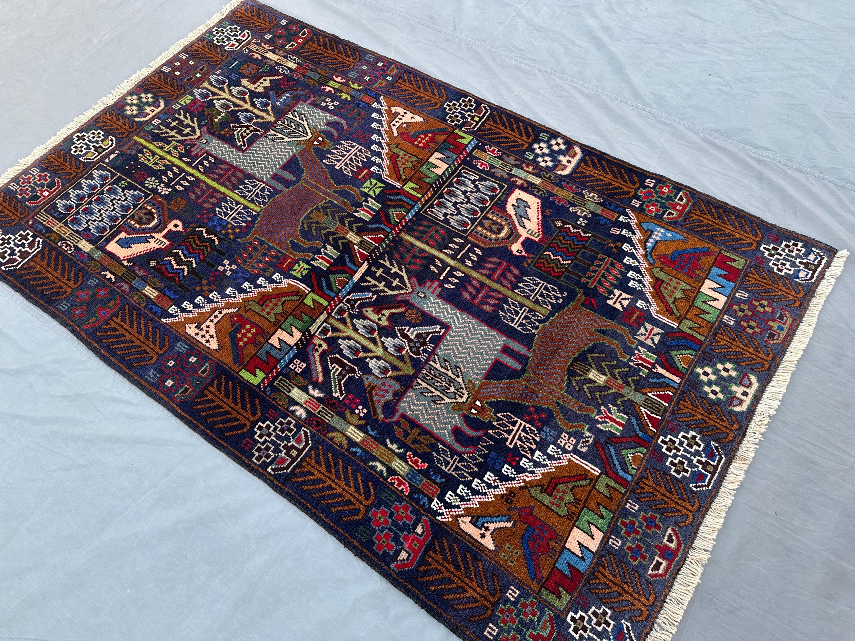 4'1" x 6'7" ft Afghan Hand-Knotted Baluch Rug | Tribal Pictorial Animal Hunting Scene Rug | Nomadic Art Geomet
