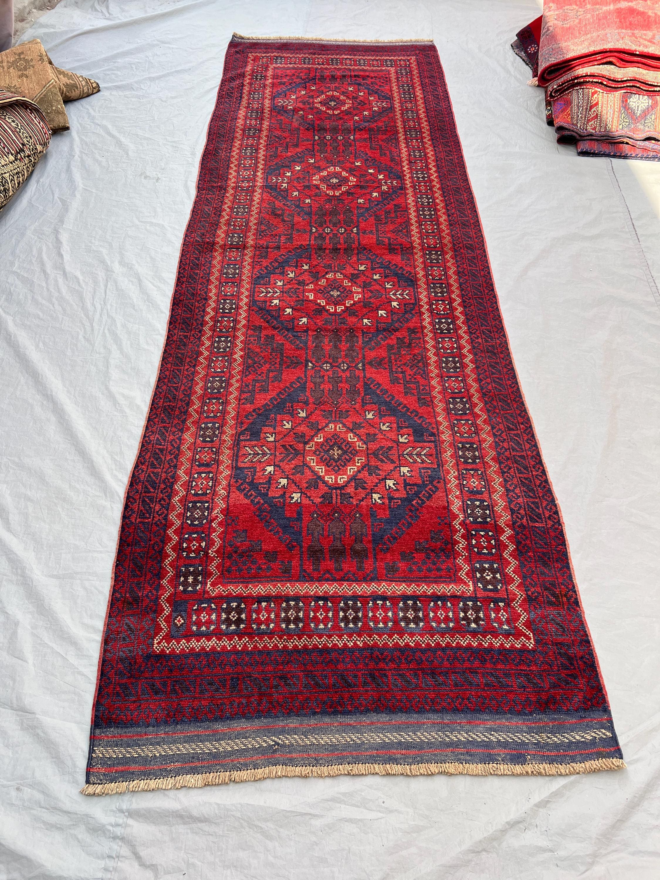 3'10x12'2 ft Vintage Afghan Hand-Knotted Runner – Geometric Red & Blue Design, Tribal Motifs, Handmade, Boho Home Decor, Cozy Hallway Accent