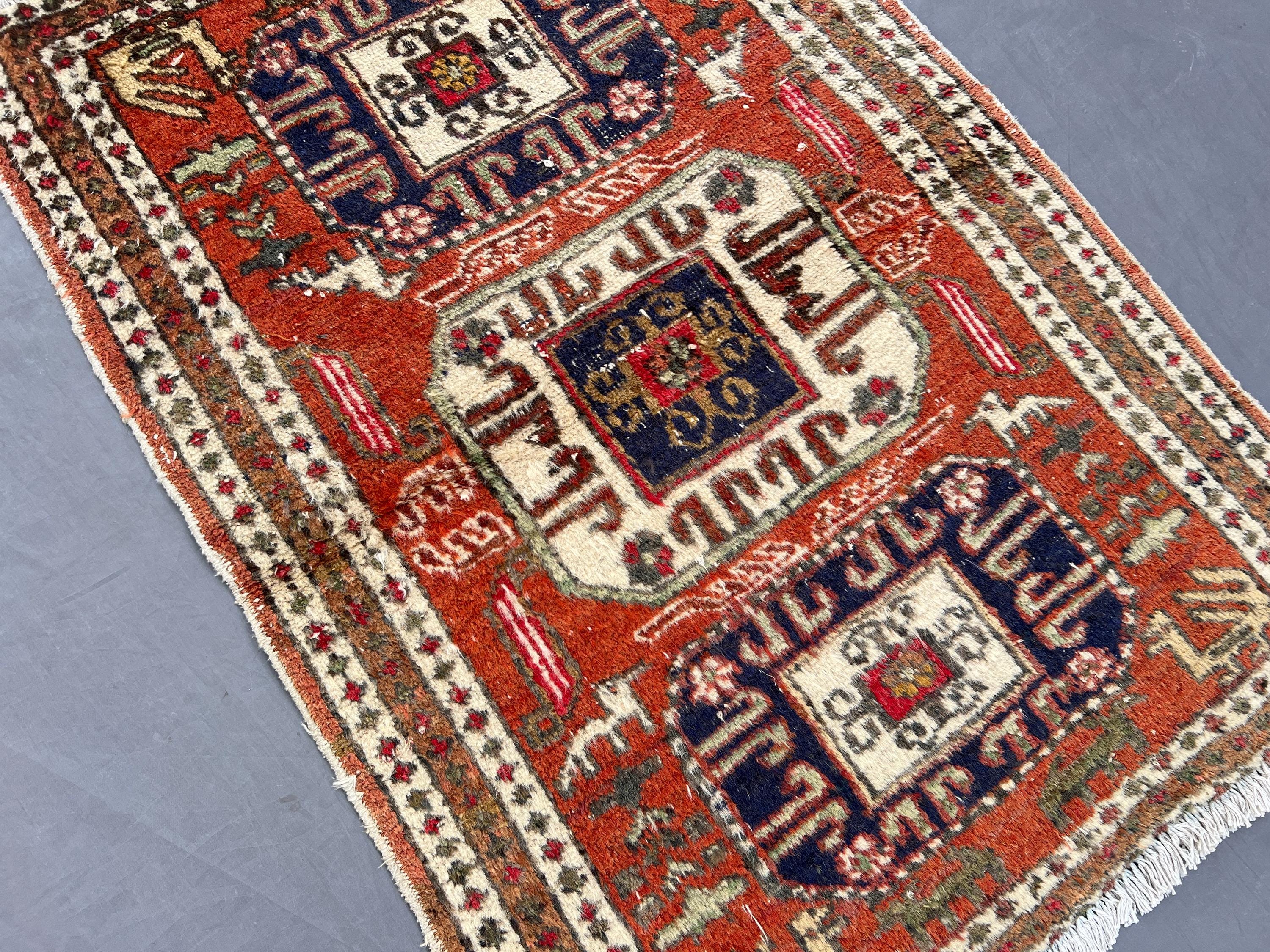 2'3 x 3'3 ft Vintage Caucasian Kazak Rug, Handmade Wool Carpet, Rare Low Pile Tribal Geometric Design, Collect