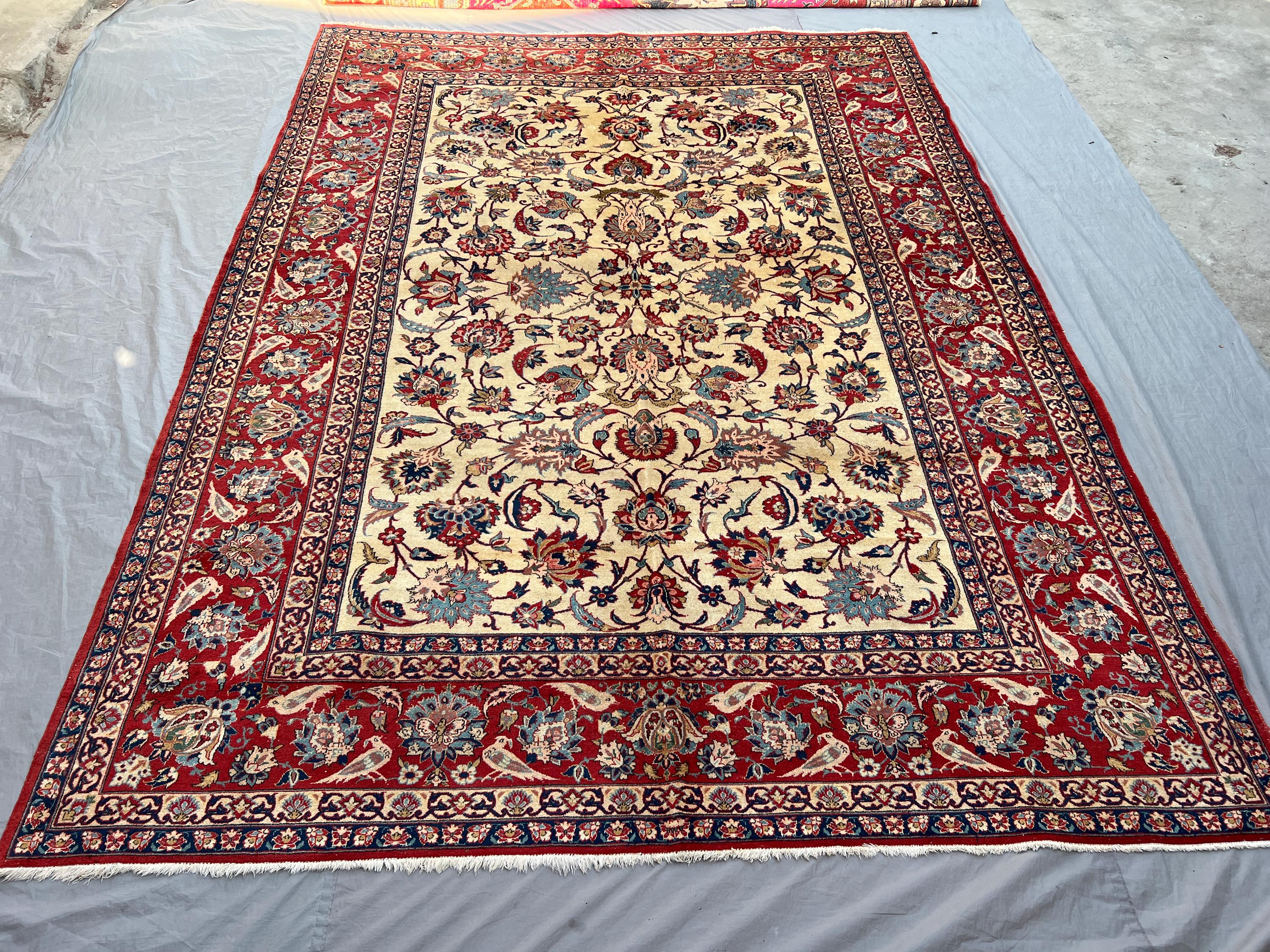 8'4x11'6 Ft Antique Afghan Wool Pile Rug Hand-Knotted All-Over Floral Arabesque Ivory Deep Red Teal Large Area Rug | Living Room Dining Room