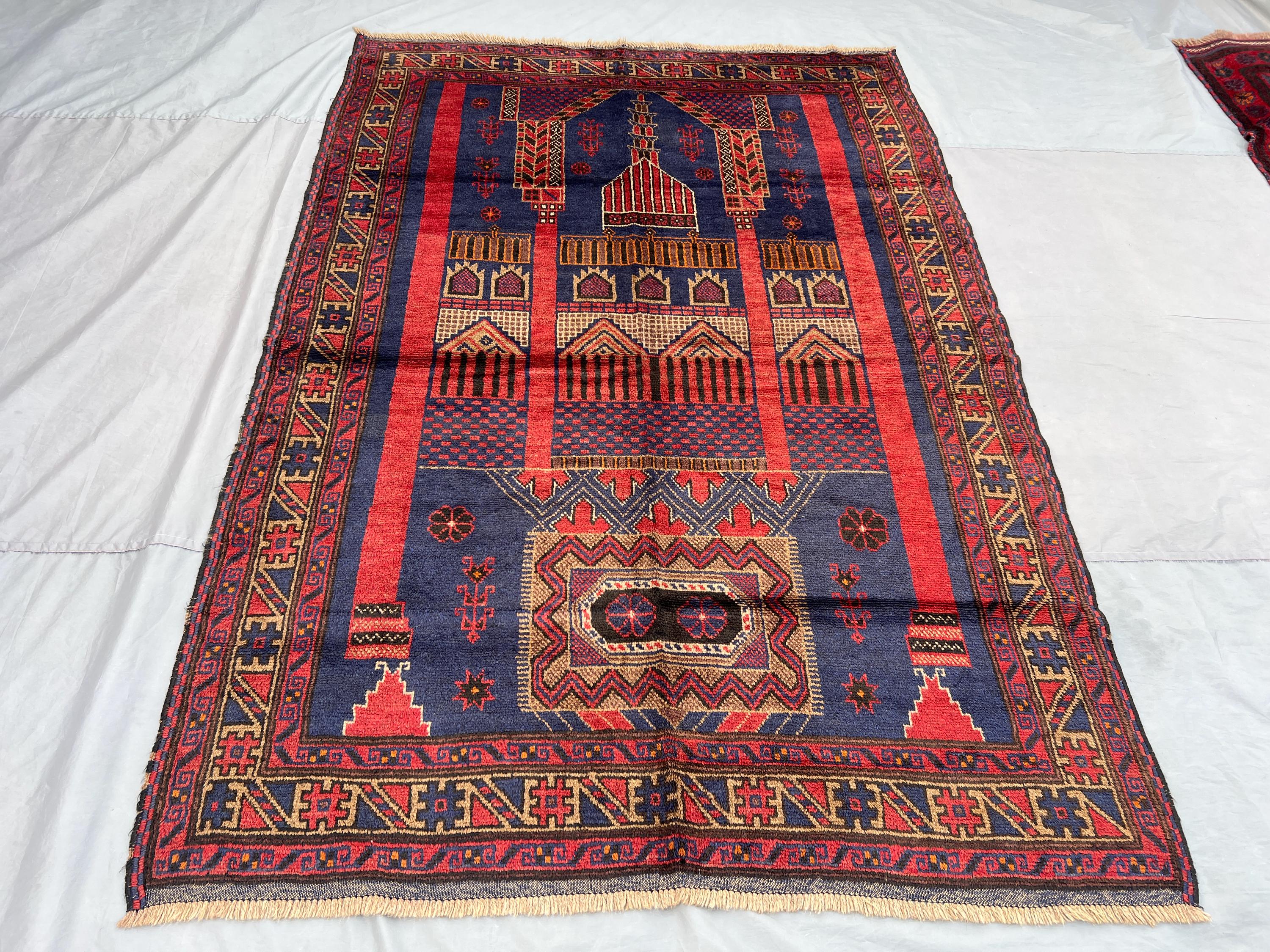 6x9 Vintage Afghan Hand-Knotted Balochi Prayer Rug Deep Red Blue Tones Rare Tribal Soft Pile Living Room rug Farmhouse rug | nomadic art rug