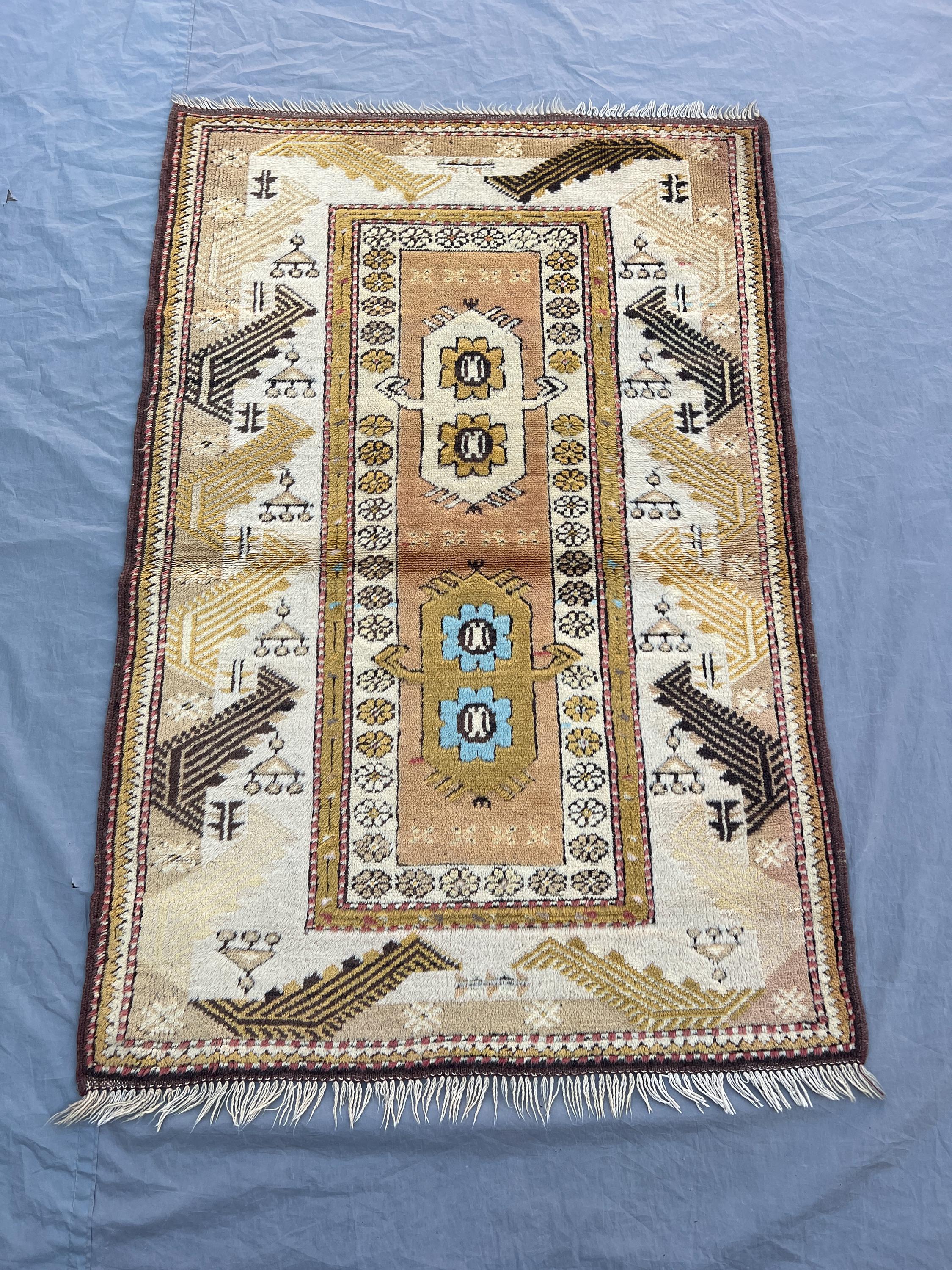 2'11x4'5 ft Vintage Afghan Hand Knotted Wool Rug Ivory Camel Tribal Floral Medallion Geometric Rug Living Room Bedroom Accent