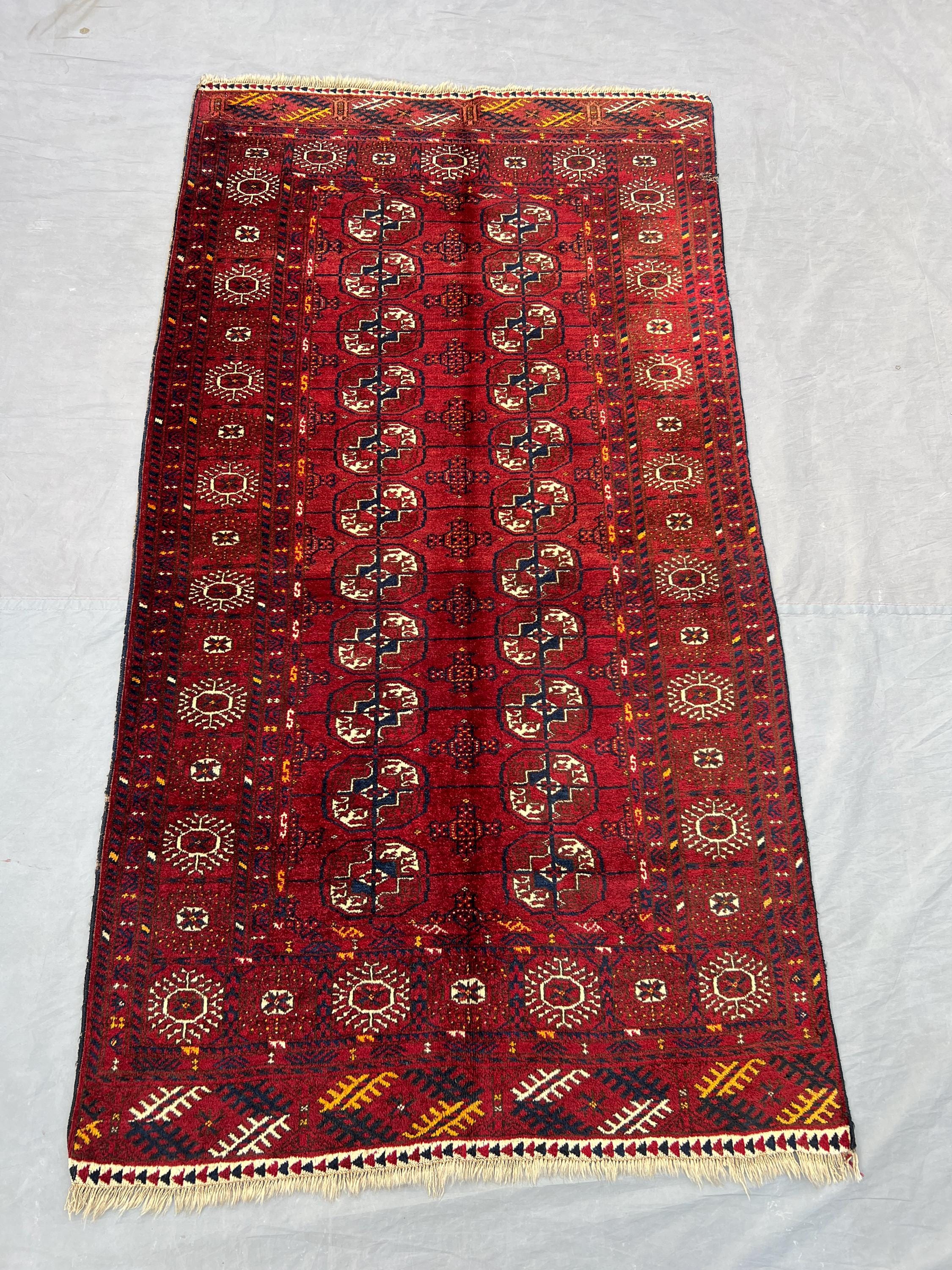 Red 3'5x6'3 Ft Hand-Knotted Afghan Vintage Turkoman Tribal Design Rug, 1920s Antique, Traditional Wool Rug, One-of-a-Kind, Unique Home Decor
