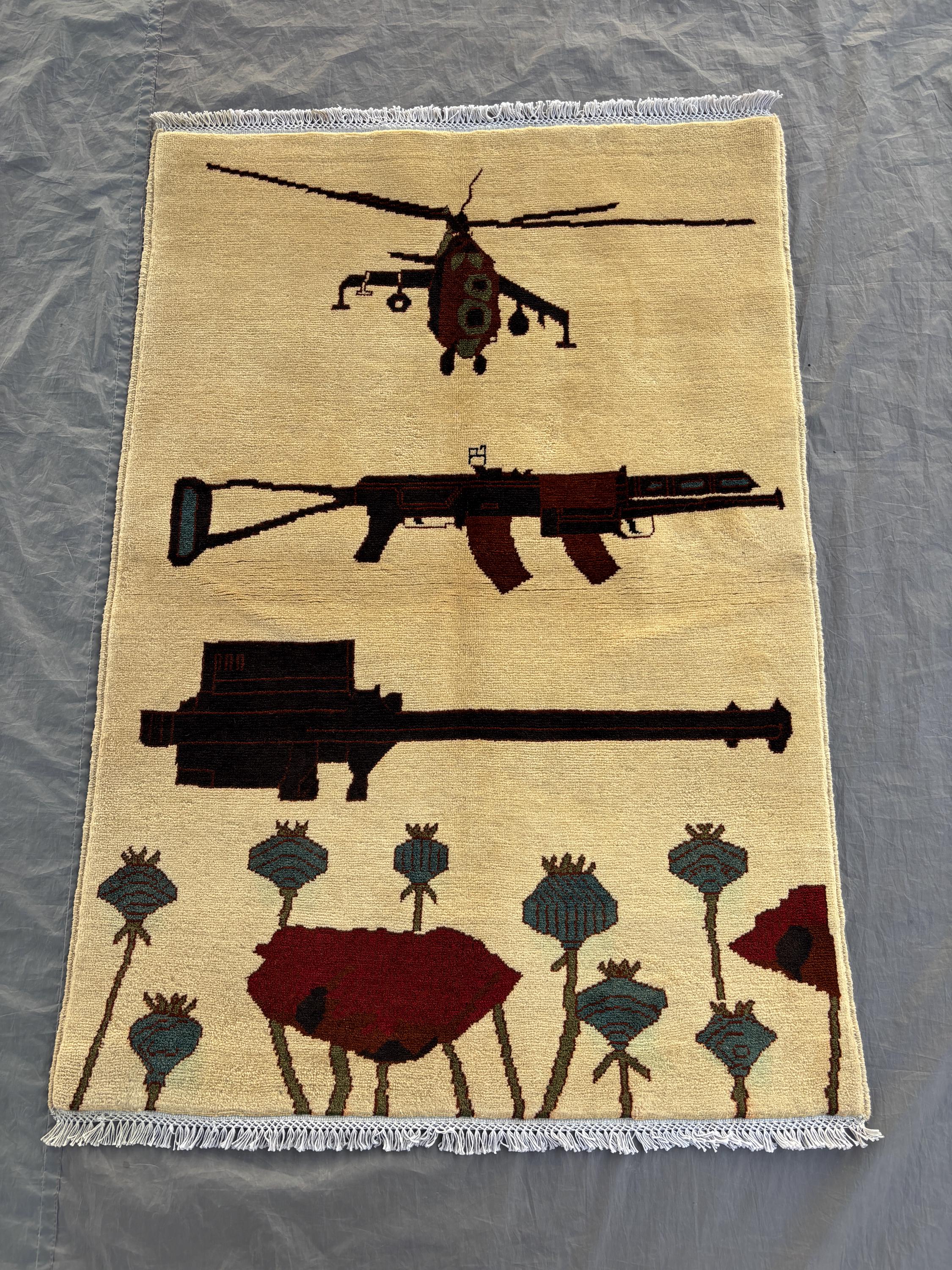 Beige 3x4'5 Ft Hand-Knotted Balochi War Rug, Helicopter & Gun Design, Unique Opium Flower Rug, Traditional Woo
