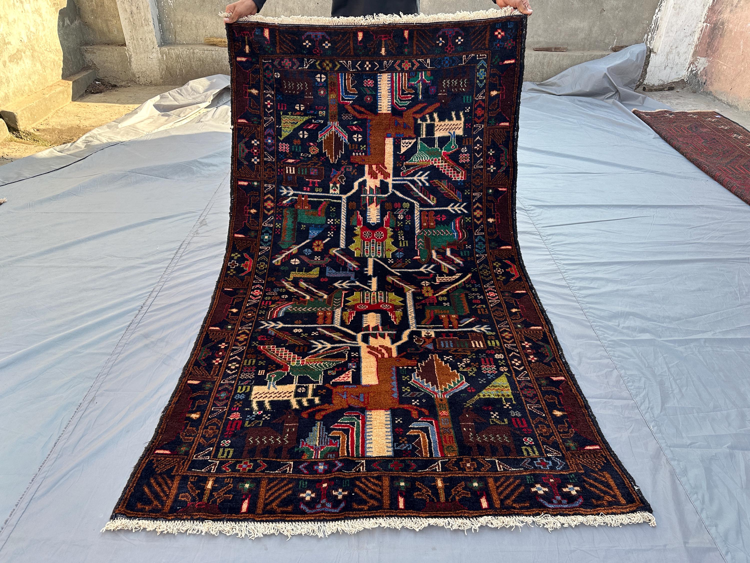 Vintage 3.8x6.5 ft Afghan Baluch Rug Tree of Life Design – Hand-Knotted Wool Tribal Carpet – Unique Decorative Accent for Living Spaces