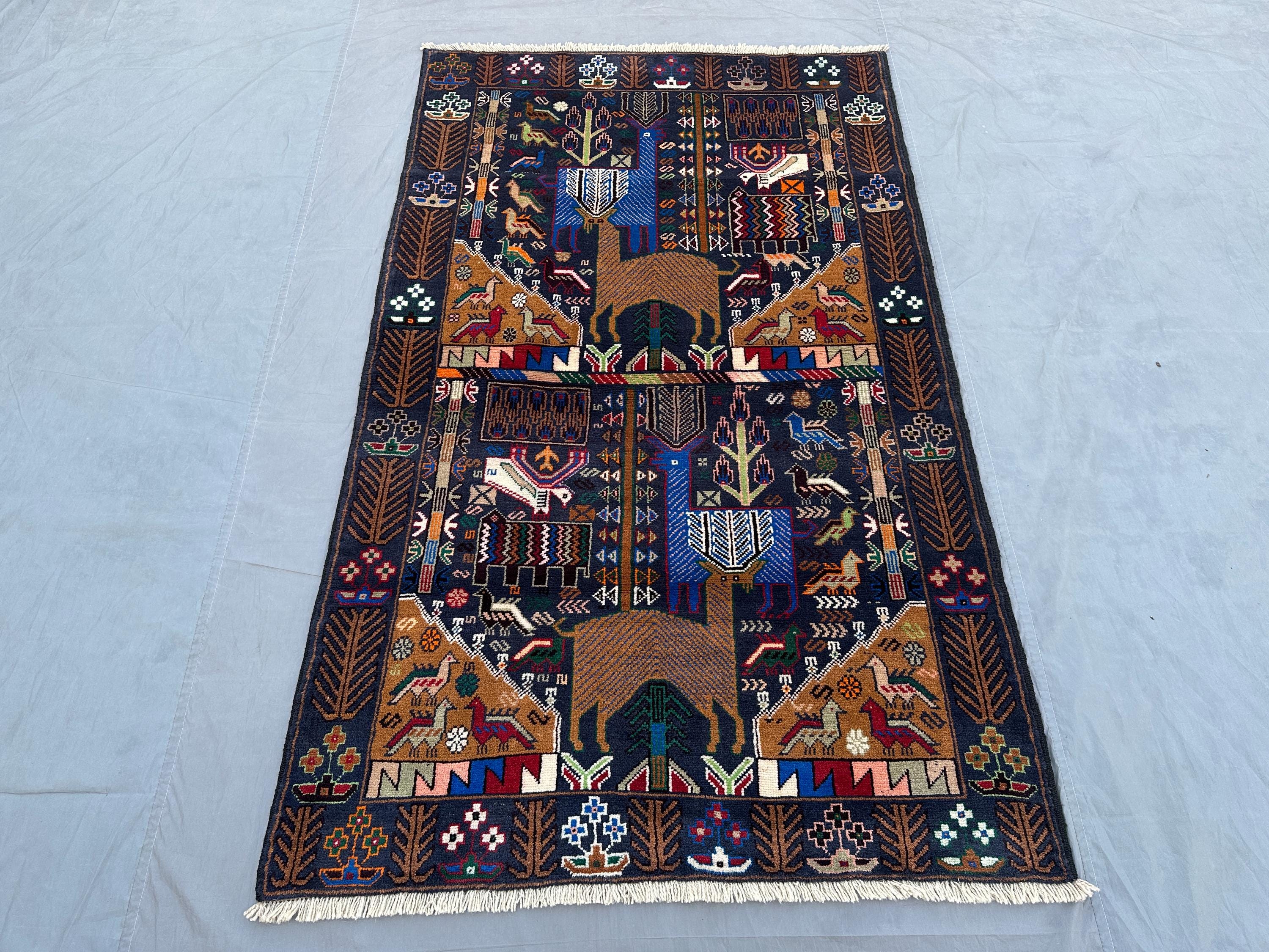 4x7 Vintage Afghan Baluchi Rug, Tribal Handmade Pictorial Animal Hunting Rug | Geometric Pattern Wool Kitchen Bedroom Rug, Boho Area Rug