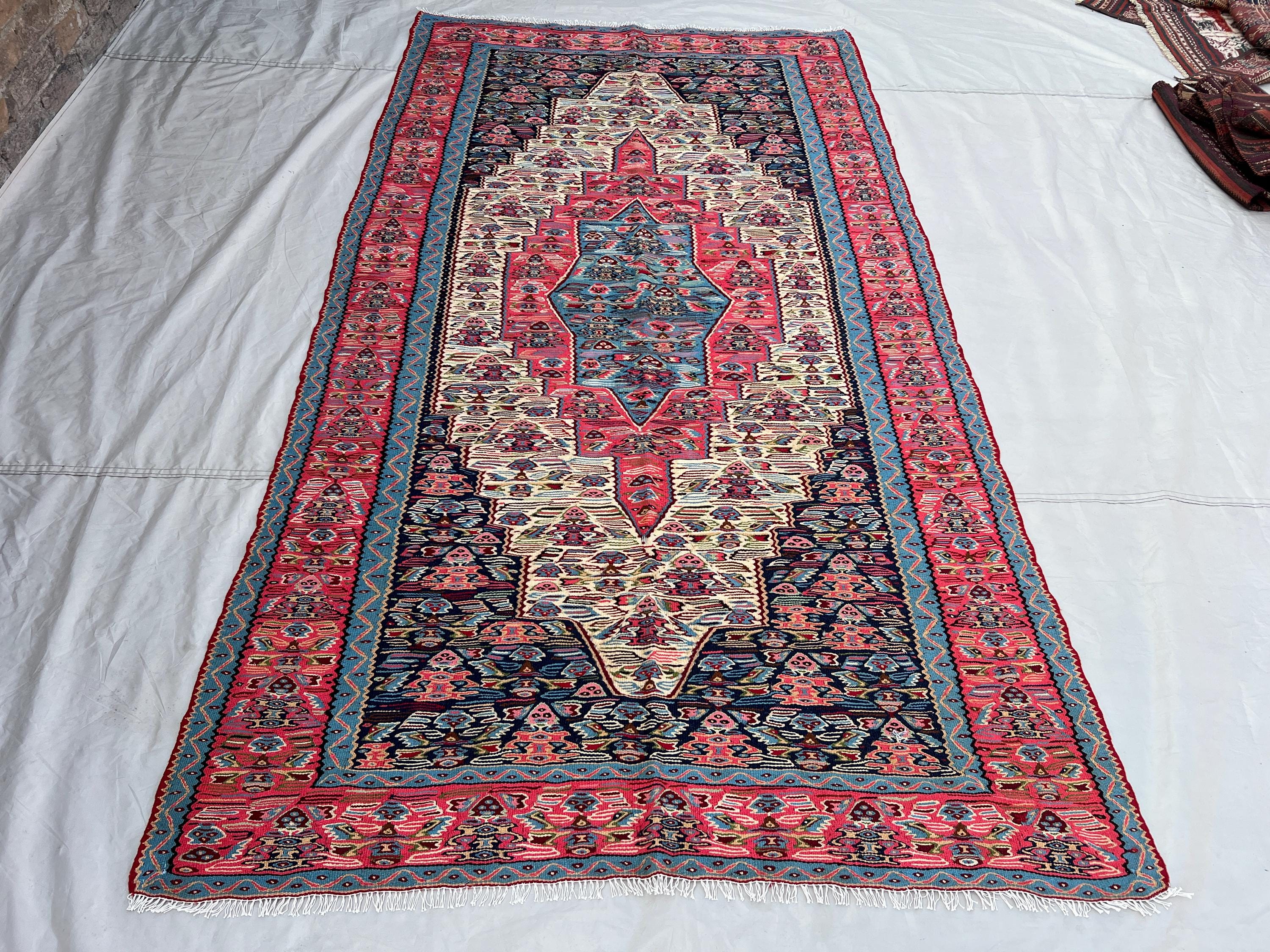 4'8x8'4 ft Vintage Afghan Kilim Rug | Handwoven Tribal Diamond Medallion | Navy Blue & Rose Pink Flatweave | Area Rug Living Room Bedroom