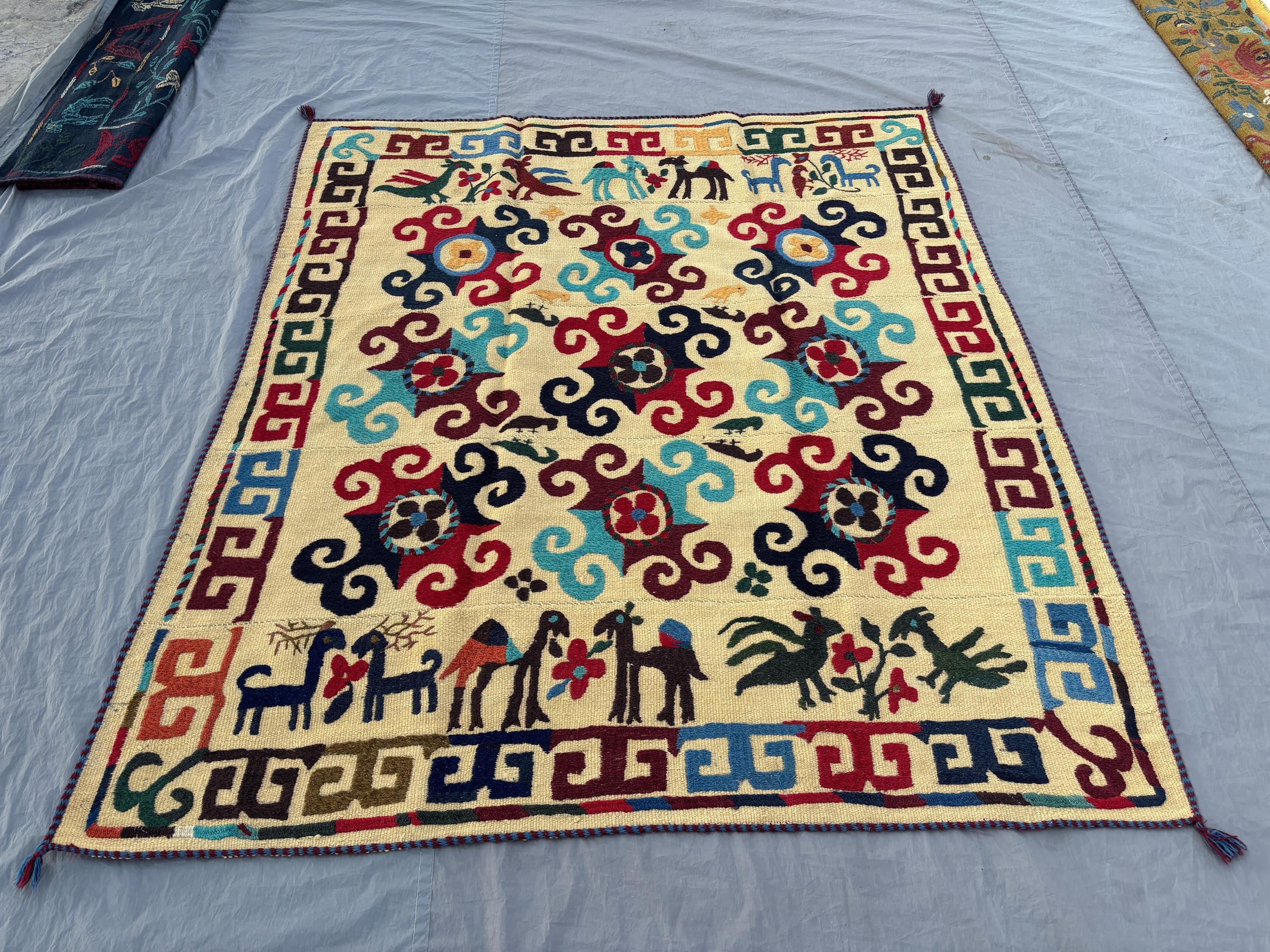 Uzbek Suazni Rug, 5'7x6'4 ft, Vintage Hand Knotted, Pictorial Animal Print, Flat Weave, Wool, Textile Wall Dec