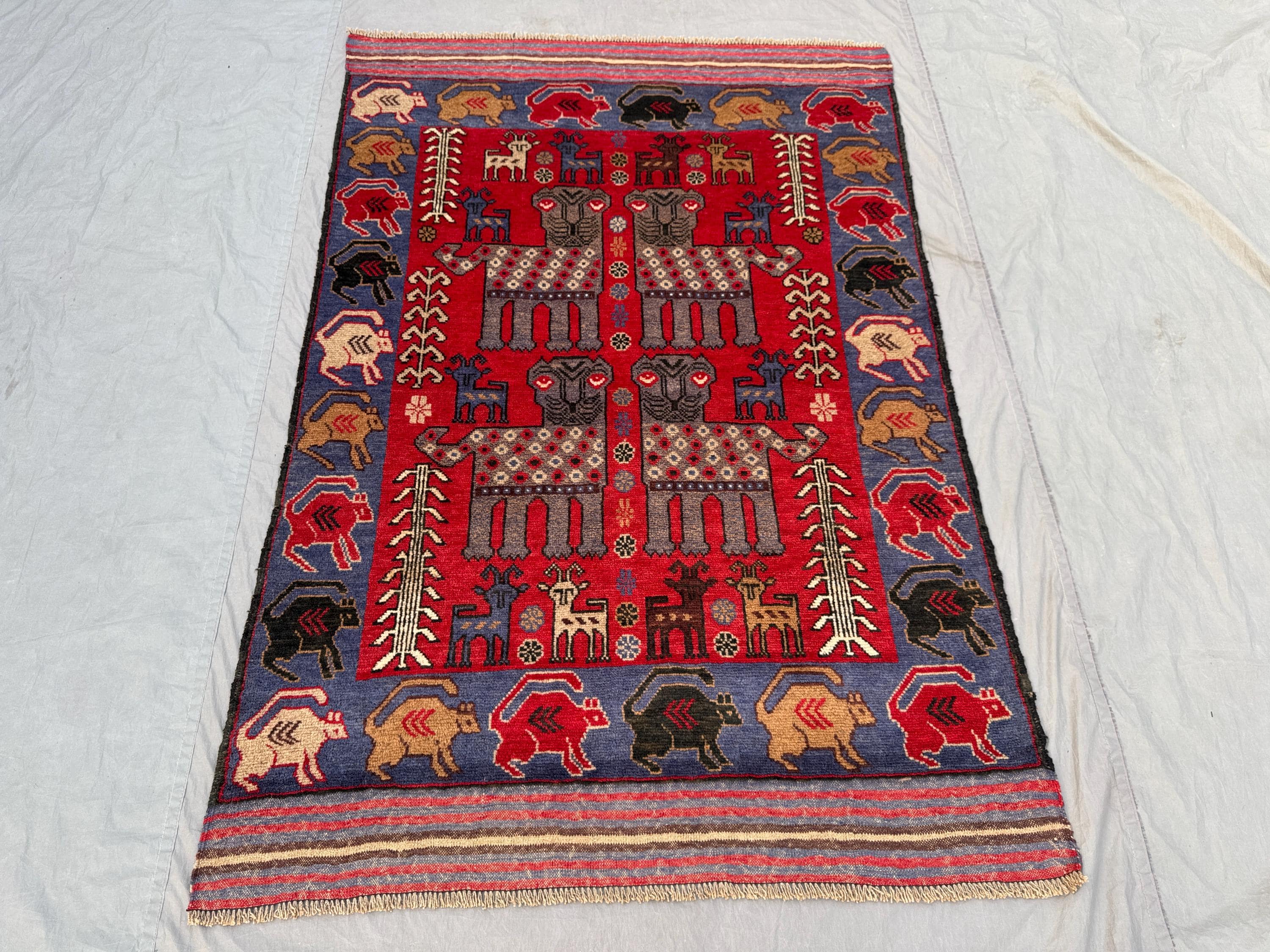 4.2 x 6.4 ft Red Afghan Hand Knotted Rug Vintage Soft Pile with Animal Print Design One of a Kind Luxury Boho Home Decor