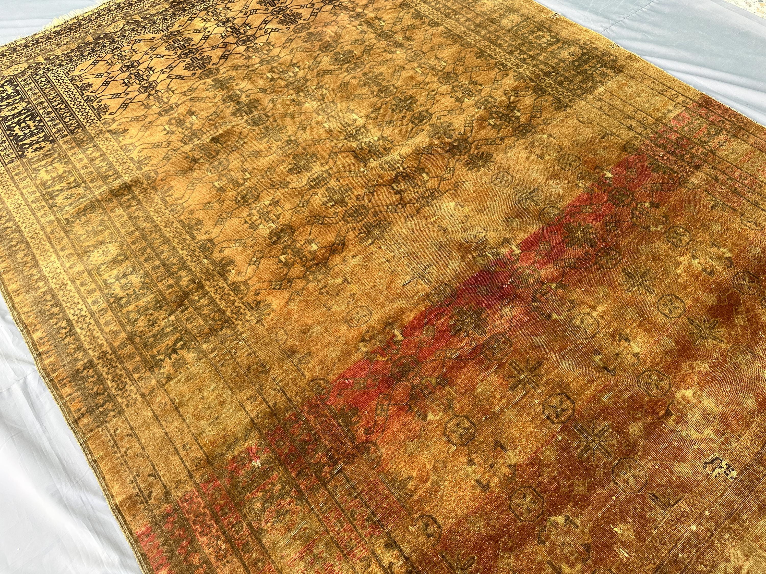 1970s Antique Afghan Terracotta Rug 9x6, Hand-Knotted Wool Carpet, Gold Tribal Geometric Design with Rare Pin