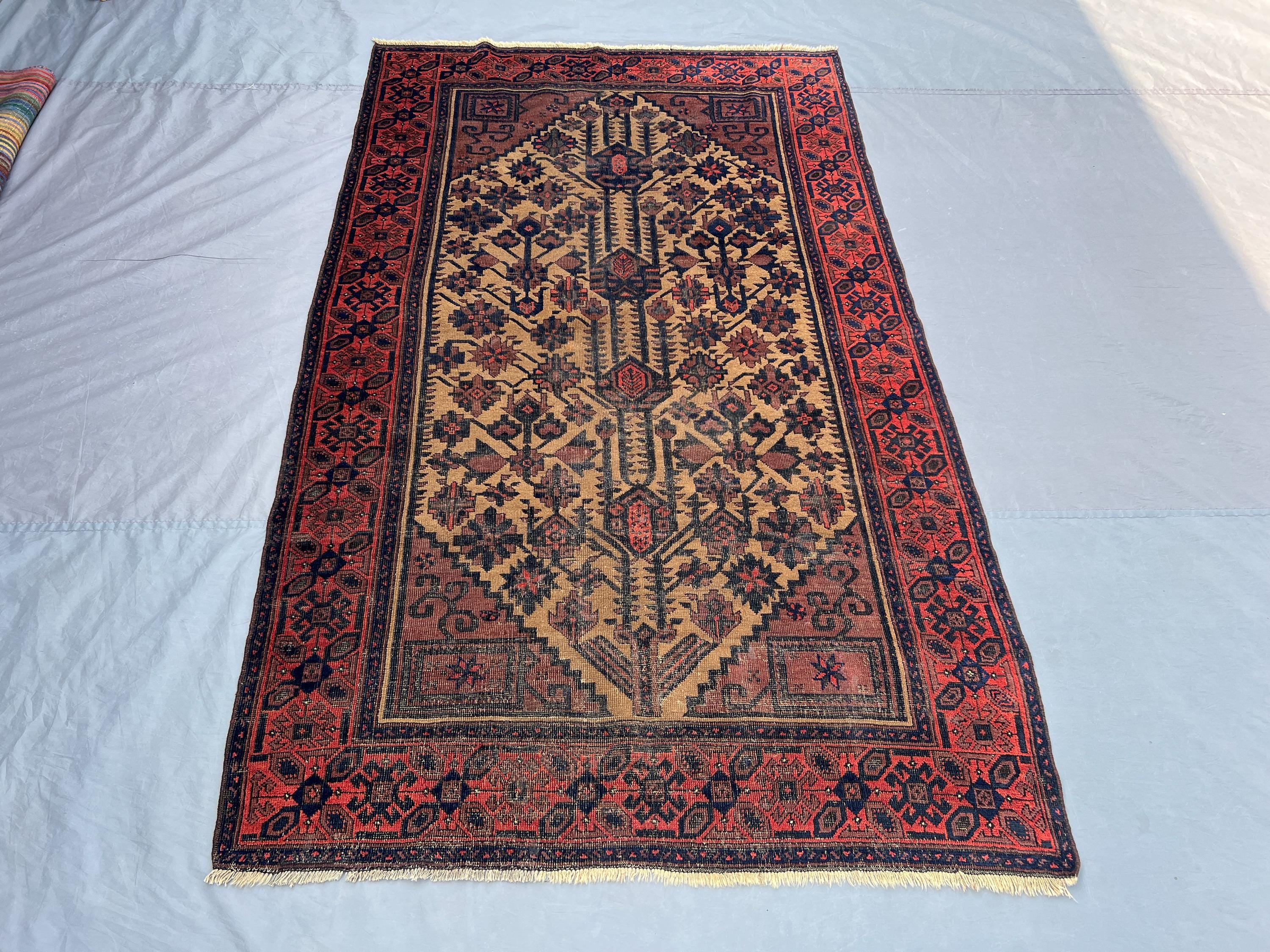 5 x 8 Turkish hand knotted vintage rug, distressed low pile tribal design unique geometric pattern, top quality soft wool | farmhouse decor
