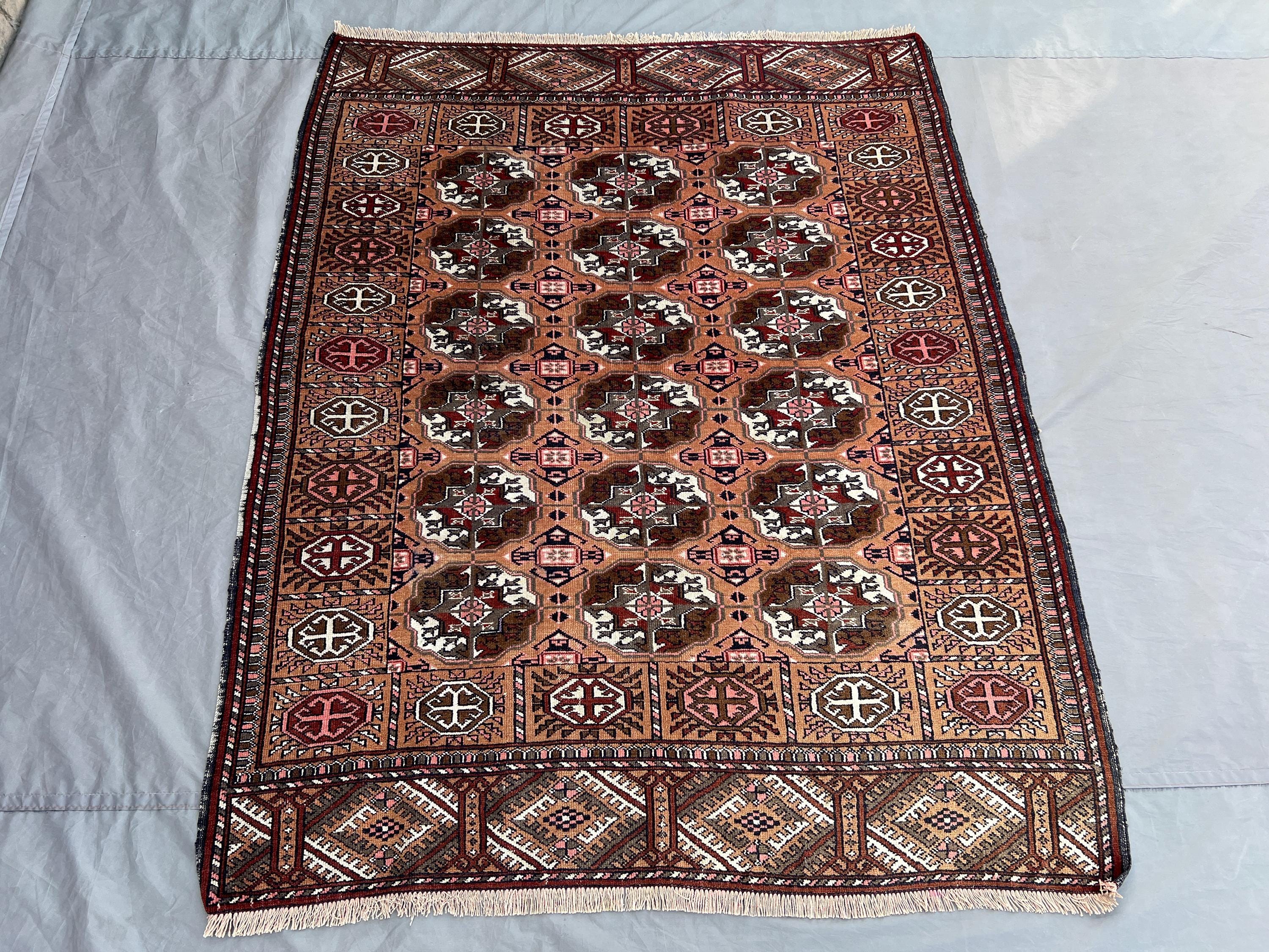 4x5 Antique Turkmen Bukhara Rug | Afghan Hand Knotted Wool Carpet | Octagon Gul Design | Rare Oriental Tribal