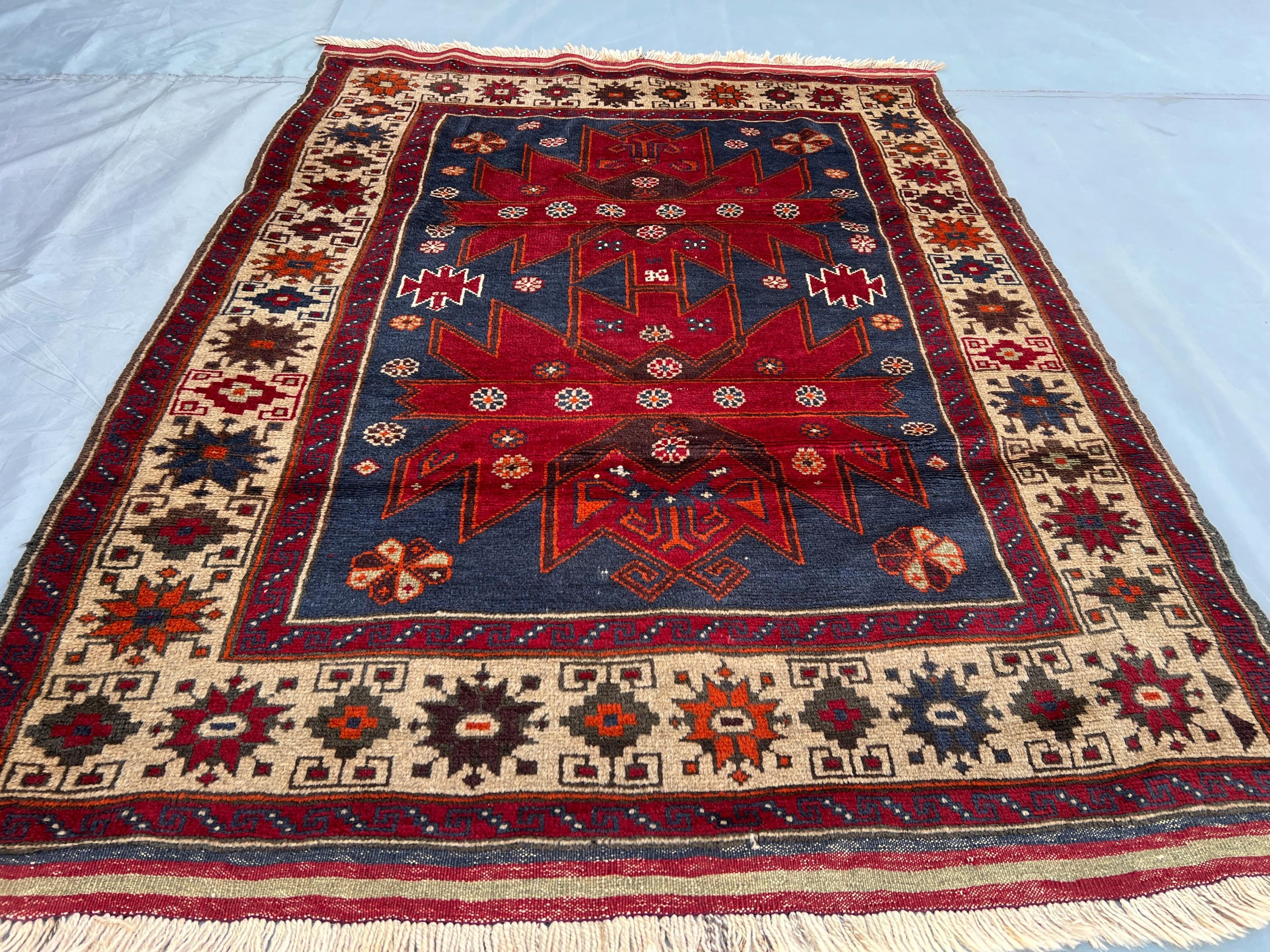 Vintage 4.4x5.9 ft Afghan Baluch Rug – Hand-Knotted Turkmen Taimani Tribal Wool Carpet – Moroccan Style Fine A