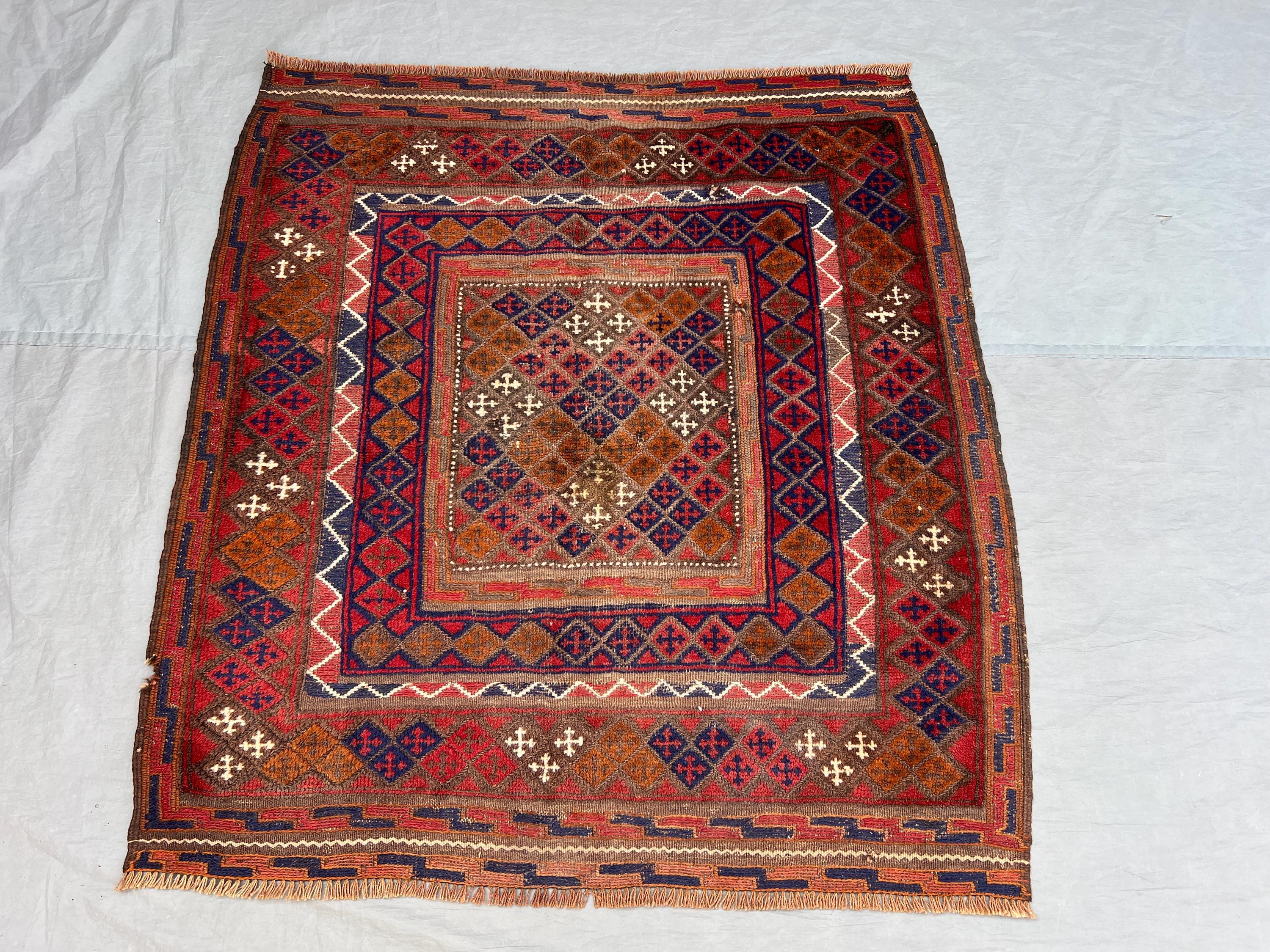 3'7x3'11 ft Vintage Afghan Pile Rug | Handknotted Tribal All-Over Diamond Lattice | Warm Tobacco & Crimson Red Wool | Bedside Entryway