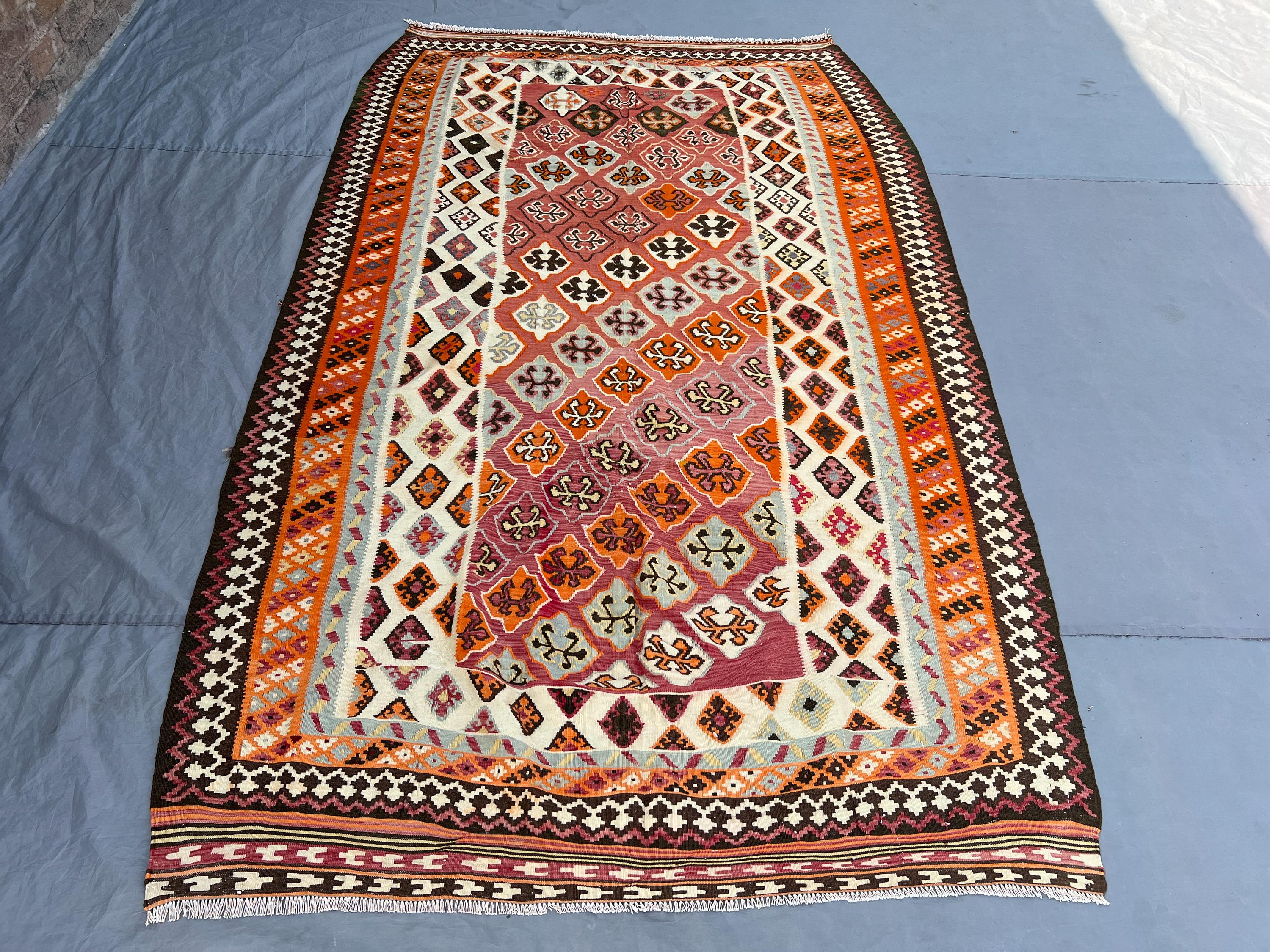 5x8'7 Vintage Afghan Kilim Flatweave | Magenta Orange All-Over Diamond Cross Grid |Handwoven Wool Tribal Rug Living Room Dining Room Bedroom