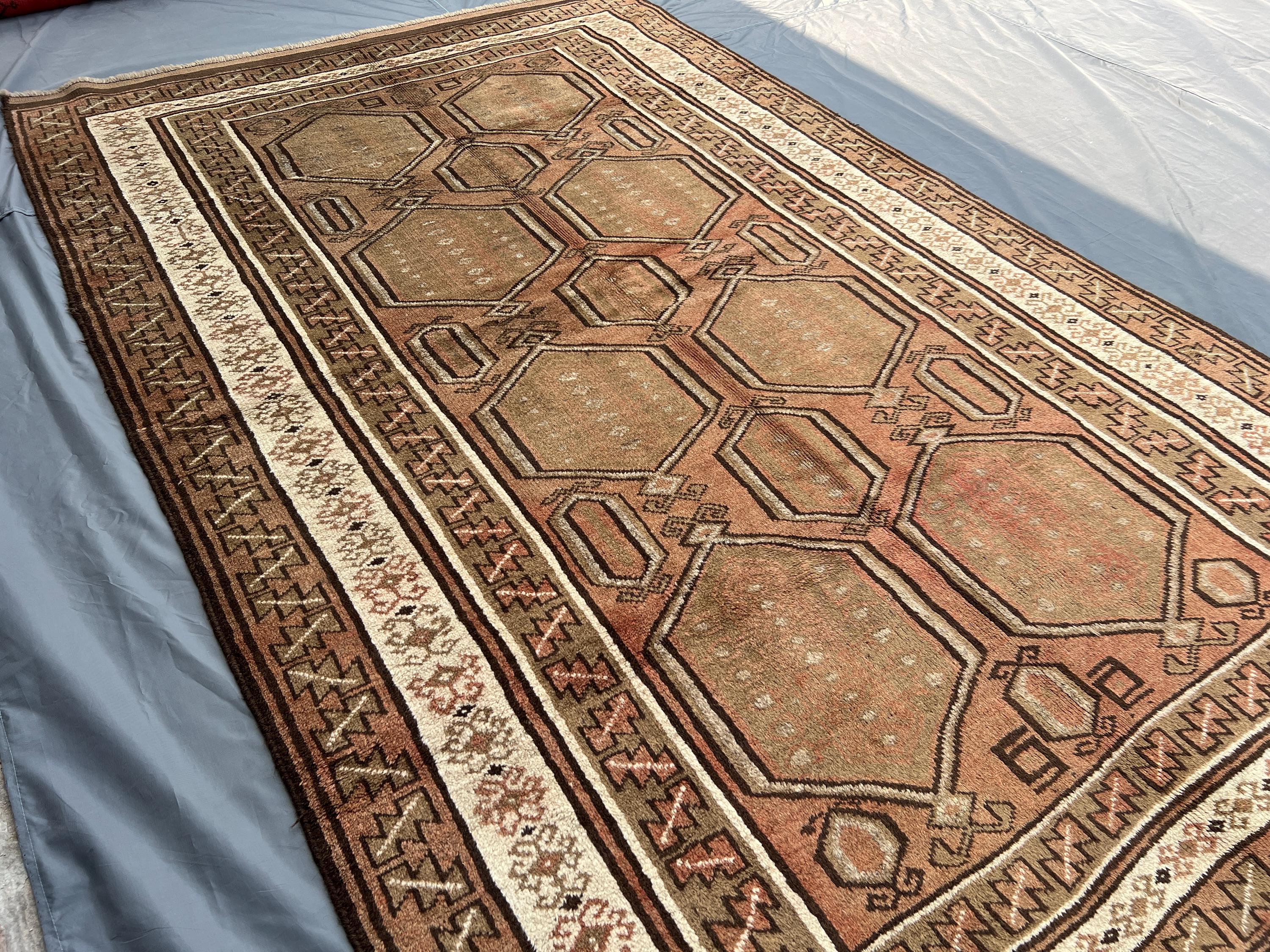 5'5x9 ft Vintage Afghan Rug – Hand Knotted Tribal Carpet, Brown Ivory Geometric Wool Rug, Mid Century Nomadic Fine Rug | Boho Home Decor